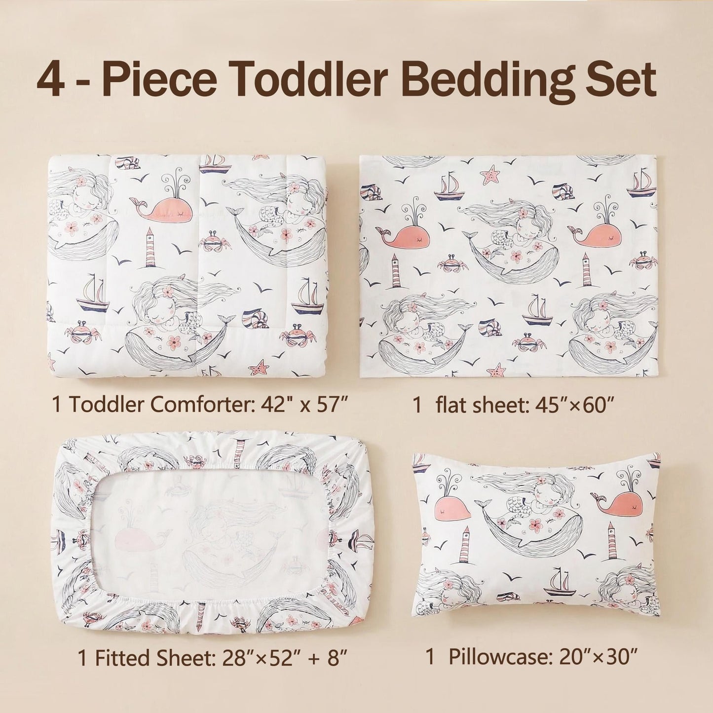 JSD Mermaid Toddler Bedding Set, 4 Piece Ocean Theme Bed-in-a-Bag Toddler Comforter Sheet Set, Machine Washable