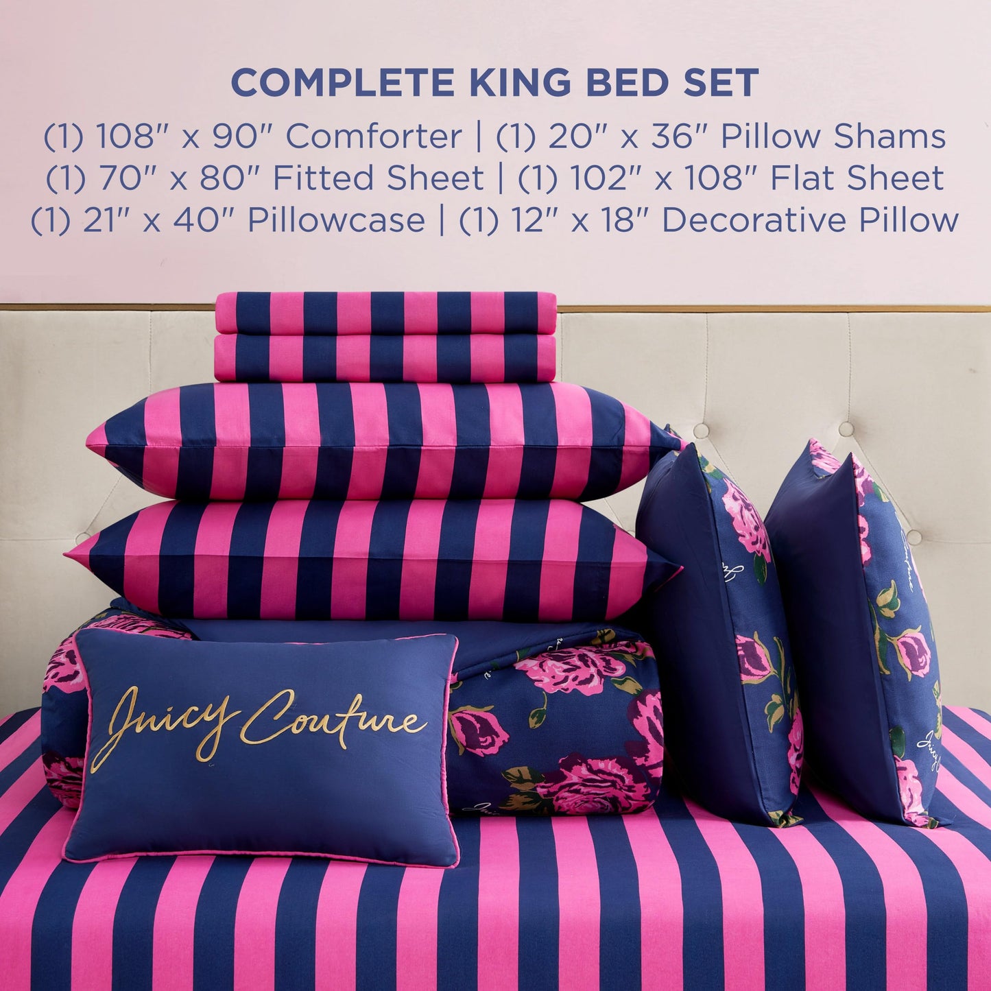 Juicy Couture Rose Logo King Comforter Set, Navy/Pink – 8-Piece Complete Bed in a Bag