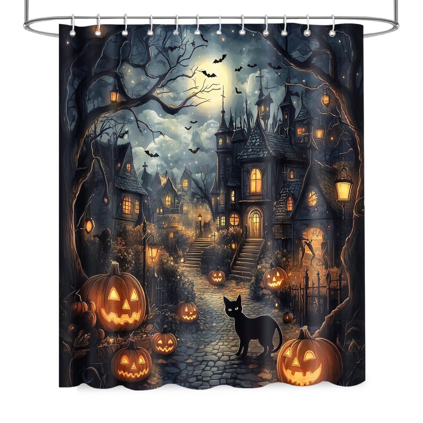APROPHIC Halloween Shower Curtain, Halloween Horror Castle Shower Curtain for Bathroom, Pumpkin Lantern Black Cat Full Moon Bathroom Decorations Waterproof Curtains with 12 Hooks 72x72 in