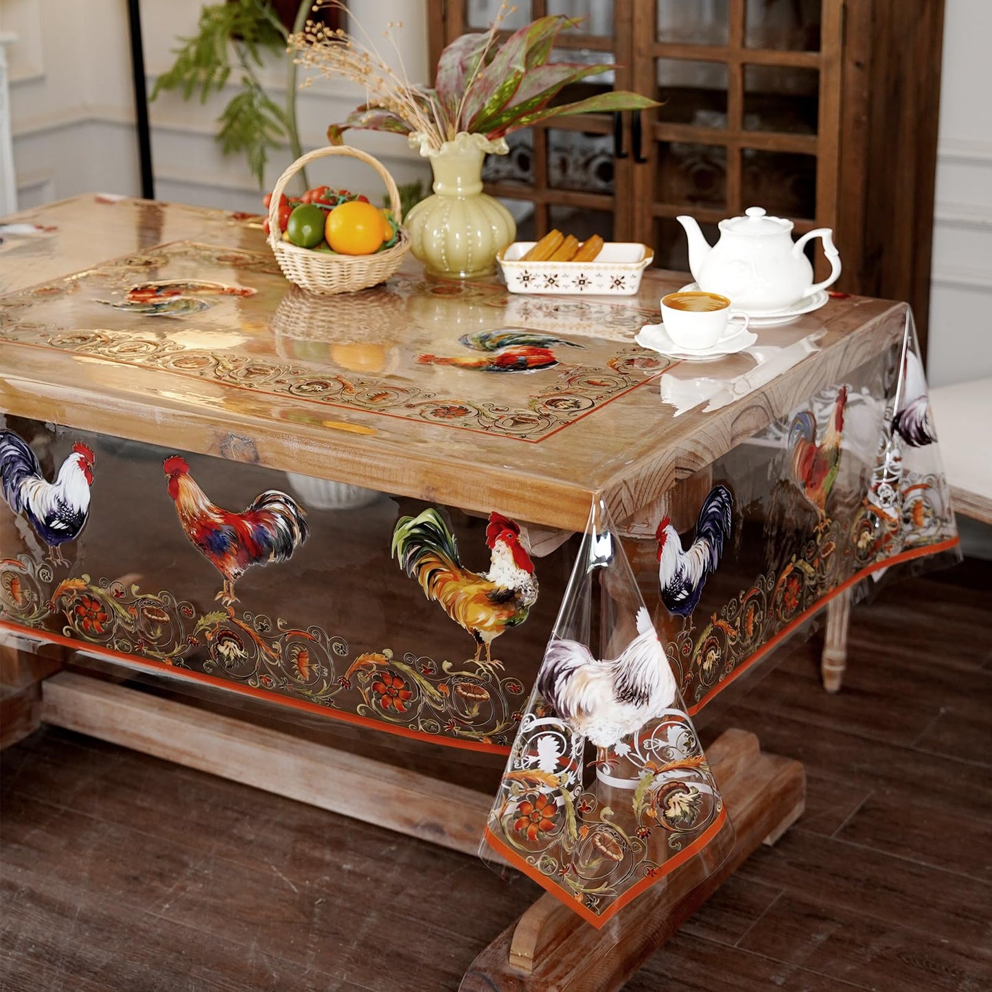 Artbloss Clear Table Cover Protector Vinyl Table Cloth Oil Spill Proof Vintage Rustic Plastic Table Covers for Dining Tables (Roosters, 60 x 84 Inches)