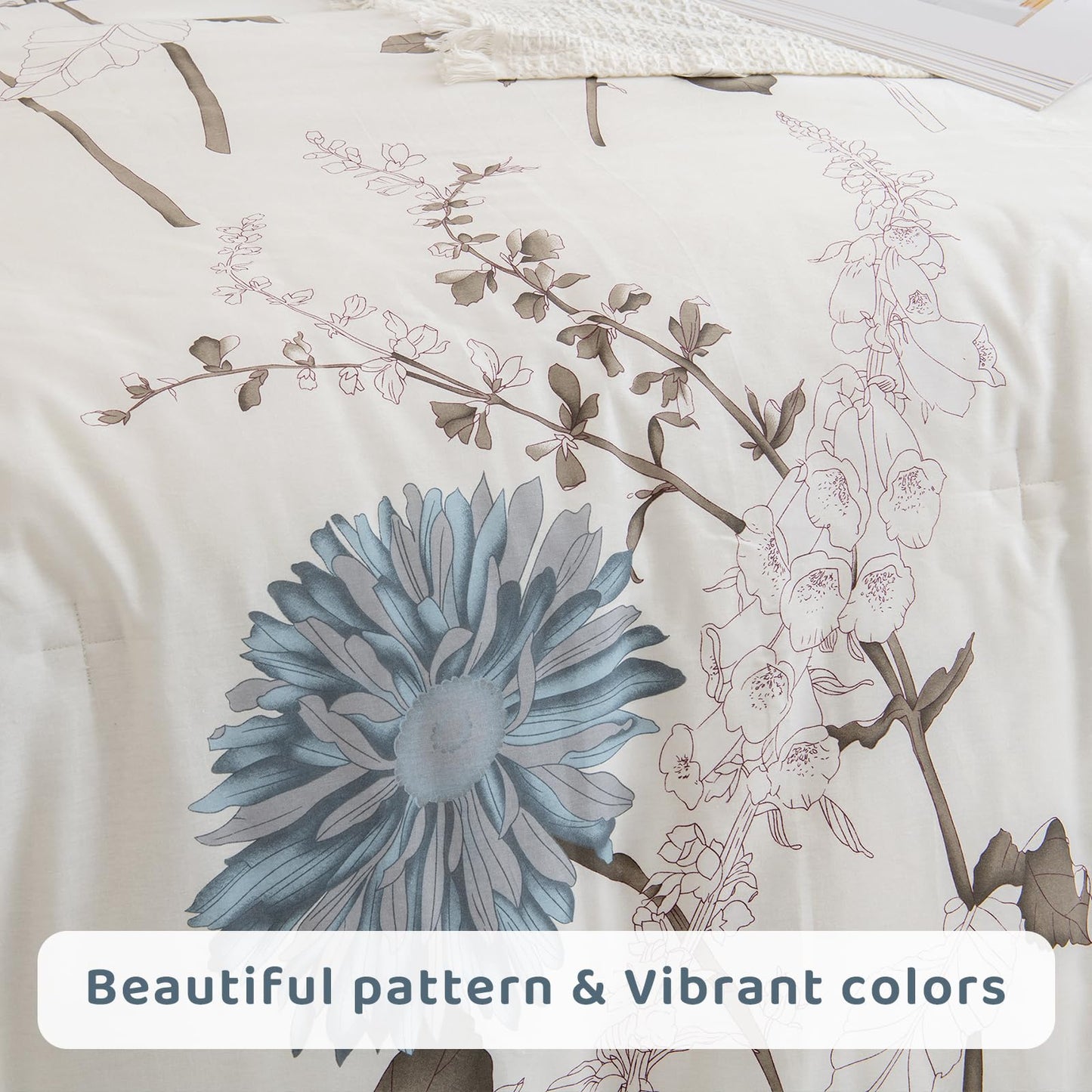 QSH 100% Cotton Sheets for Queen Size Bed, White Floral Plant Pattern Botanical Luxury Cotton Printed Floral Bedding Sheets Queen Soft and Breathable 4pcs Deep Pocket Queen Sheet Set
