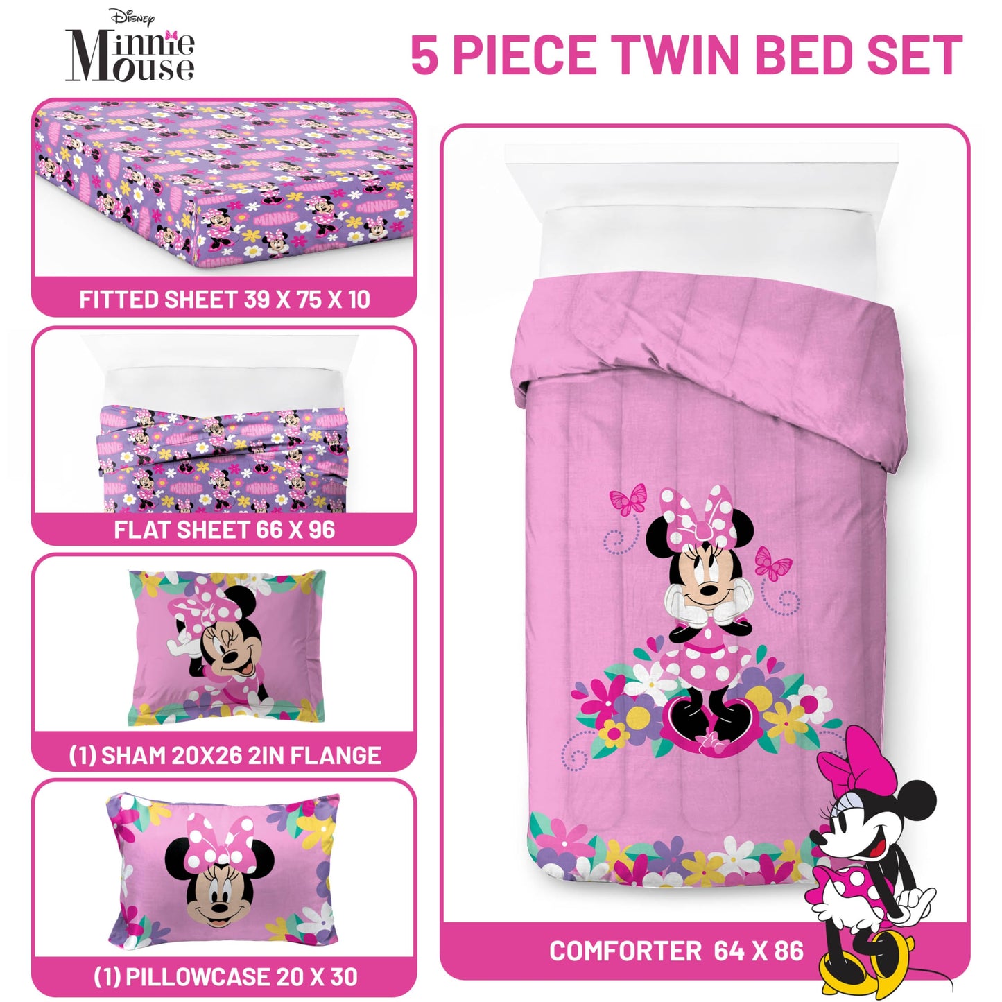 Disney Minnie Mouse 5 Piece Twin Bed in a Bag - Kids Comforter Set with Sheets & Sham, Super Soft Fade Resistant Brushed Microfiber, Machine Washable Girls Bedding, Pink (Official Disney Product)