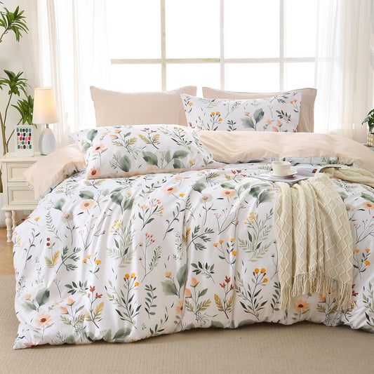 MUXHOMO Duvet Cover Queen Size, Reversible Floral Vintage Duvet Cover Set with Zipper Closure, 3 Pieces Botanical Patterns Soft Microfiber Bedding Set (90"x90", 2 Pillow Cases, Garden Leaves White)