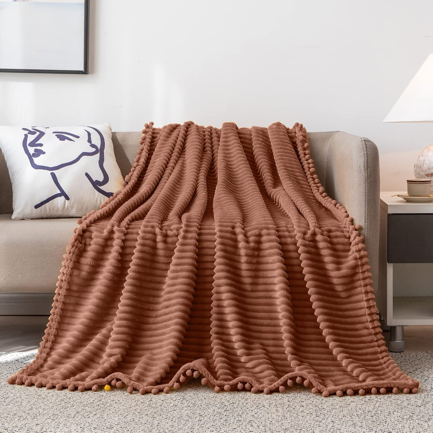 DISSA Fleece Blanket Throw Size – 51x63, Caramel – Soft, Plush, Fluffy, Fuzzy, Warm, Cozy – Perfect Throw for Couch, Bed, Sofa - with Pompom Fringe - Flannel Blanket Throw Blanket