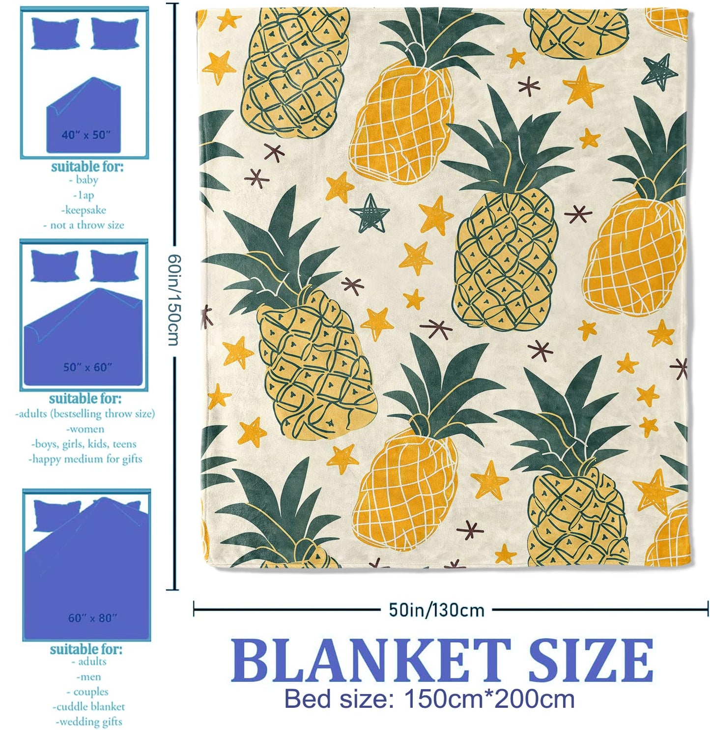 Plistiz Tropical Pineapple Throw Blanket, 50x60 Inch, Summer Beach House Blanket, Flannel Pineapple Pattern Throw