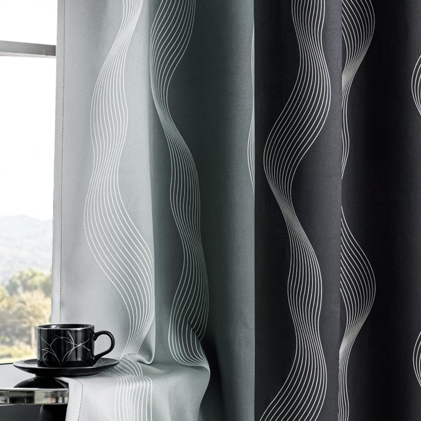 MYSKY HOME Black and Greyish White 95% Blackout Ombre Patterned Curtains 63 inch Length 2 Panels for Bedroom Thermal Insulated Energy Saving Wave Line Foil Print Design Grommet Drapes, 52" W