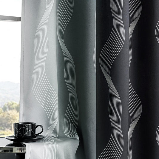 MYSKY HOME Black and Greyish White 95% Blackout Ombre Patterned Curtains 63 inch Length 2 Panels for Bedroom Thermal Insulated Energy Saving Wave Line Foil Print Design Grommet Drapes, 52" W