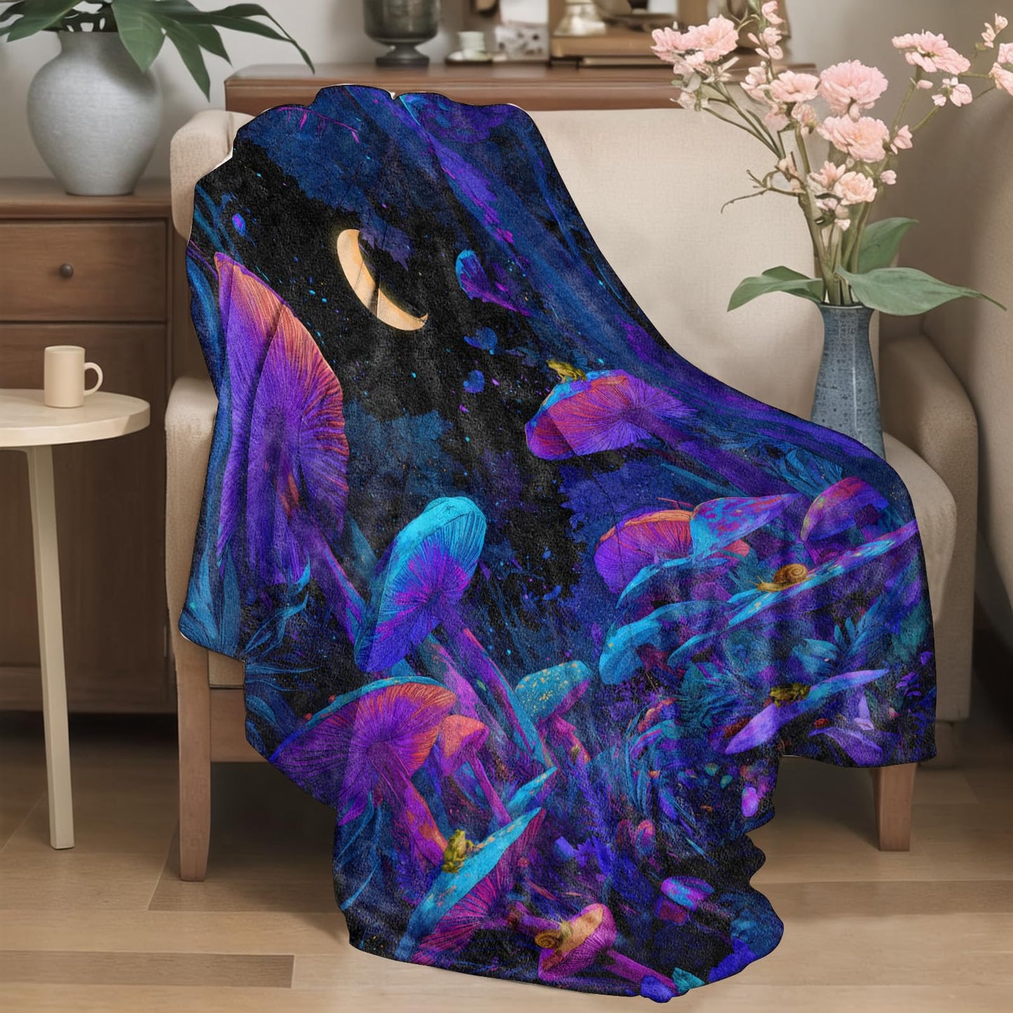 YCUFN Vibrant Mushroom Forest Flannel Blanket 50"x60" Mystical Night Sky Moon and Frog Lightweight Throw Blankets Birthday for Nature Lovers Office Bedroom Sofa Travel Home Decorate