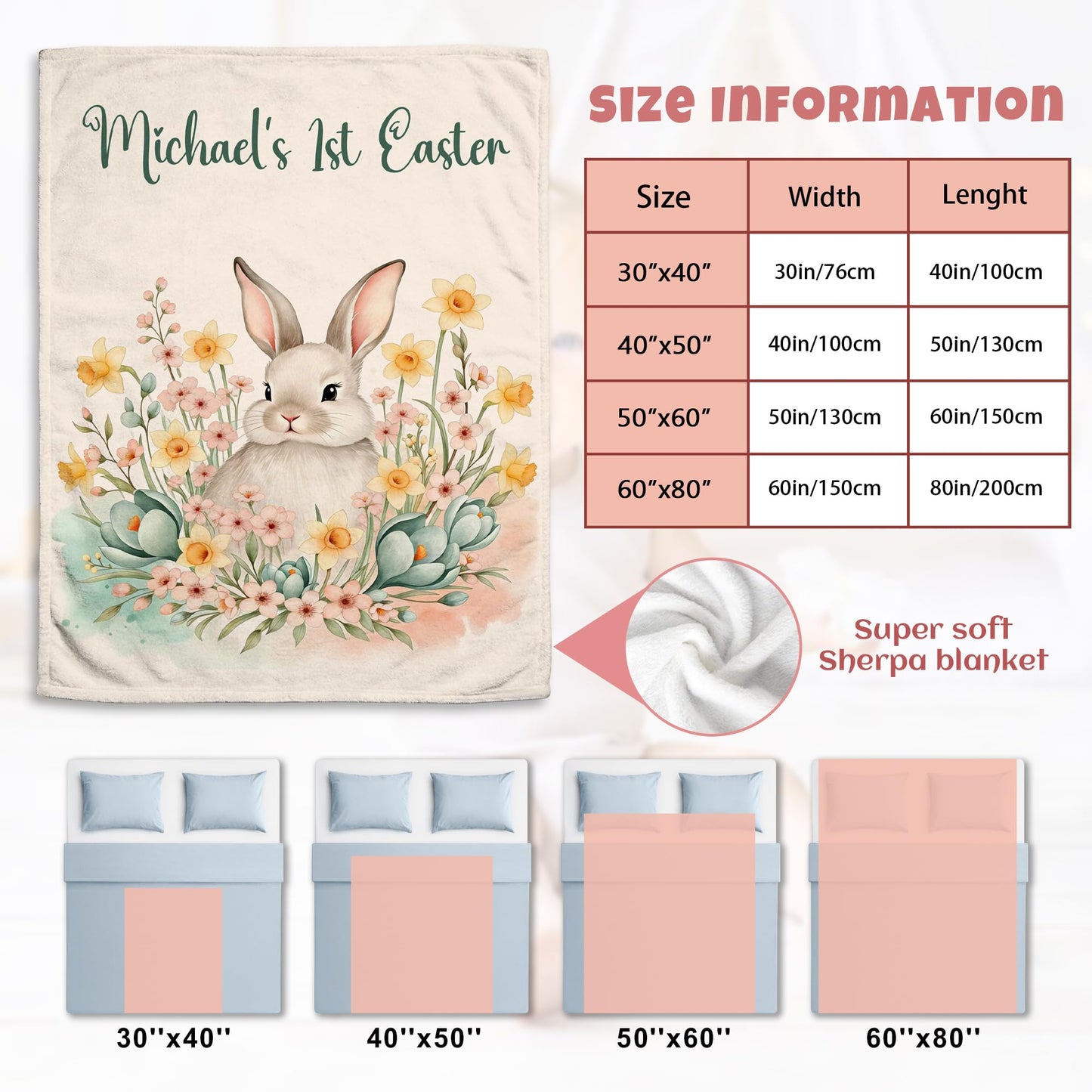 Lcyawer Personalized Blanket with Name, Custom Bunny Blanket for Baby, Baby's 1st Easter Flannel Throw Blankets for Boys Girls, Baby Easter Birthday Gifts for Infant Newborn Shower, Printed in USA