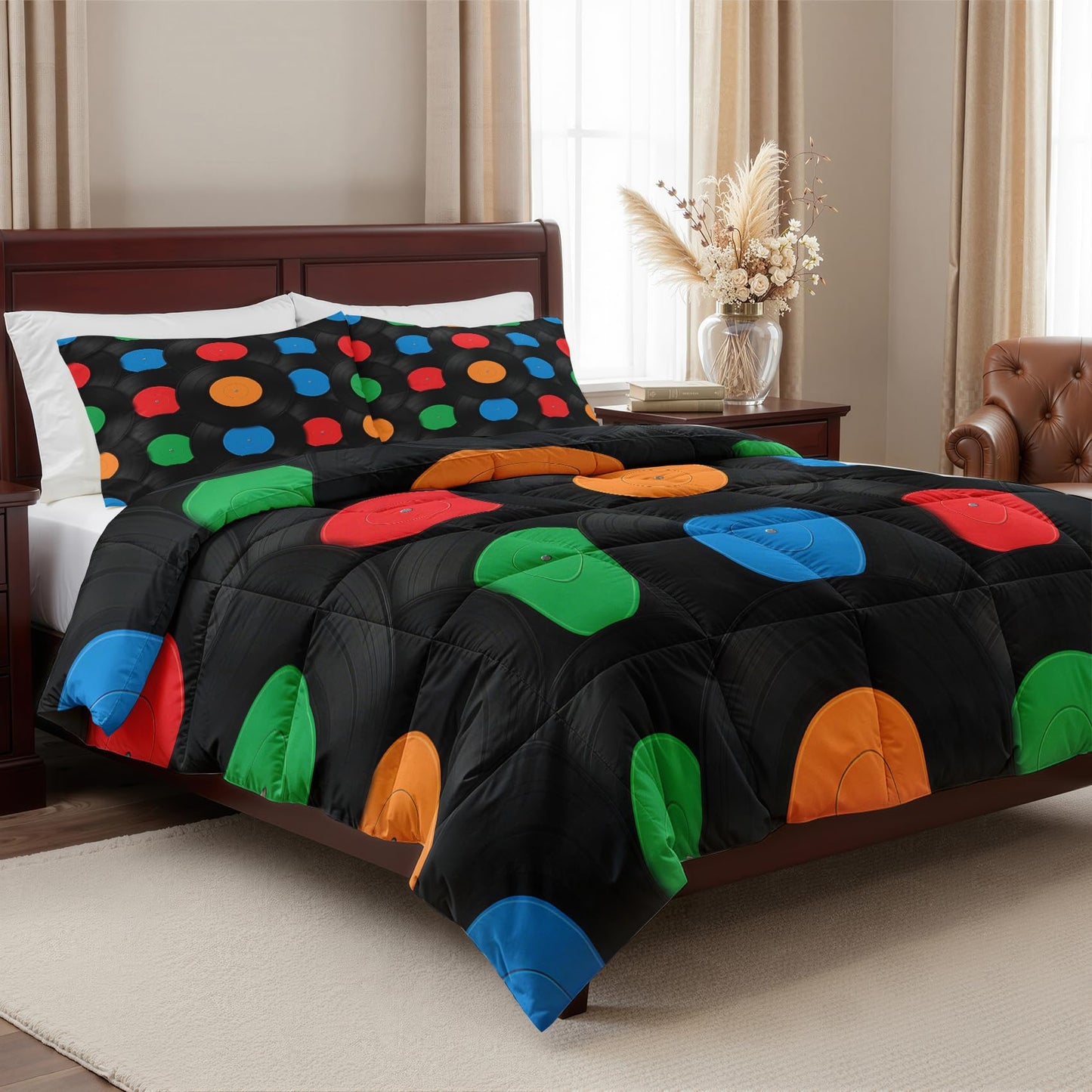 Vinyl Record Comforter Twin Size - 2 Pcs Bed Set, All Season Duvet Insert & Pillowcase, Music Bedding Set, Soft Lightweight Down Alternative Comforter, Music Bedroom Decor