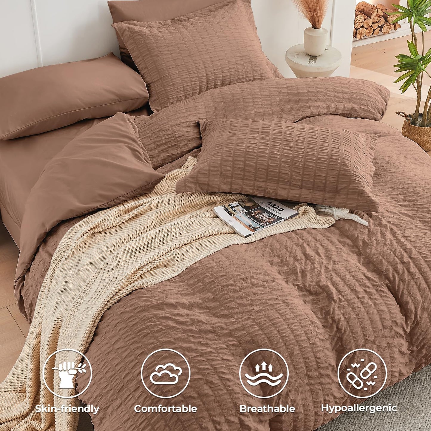 HYMOKEGE Mocha Mousse Twin Comforter Set Seersucker 5 Pieces, All Season Luxury Bed in a Bag for Bedroom, Bedding Set with Comforter, Sheets, Pillowcase & Sham