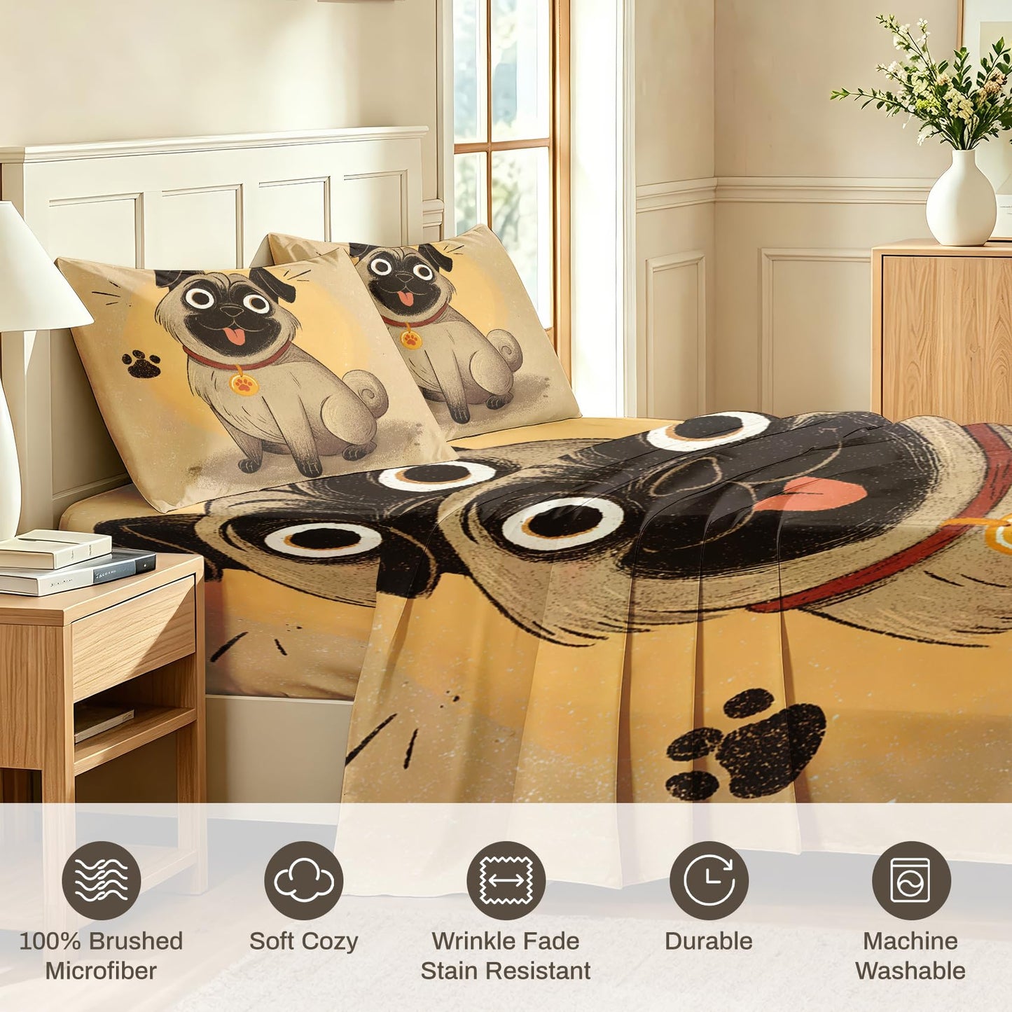 Pug Dog Sheet Set, 4 Pcs Queen Size Funny Puppy Bed Sheets, Beige