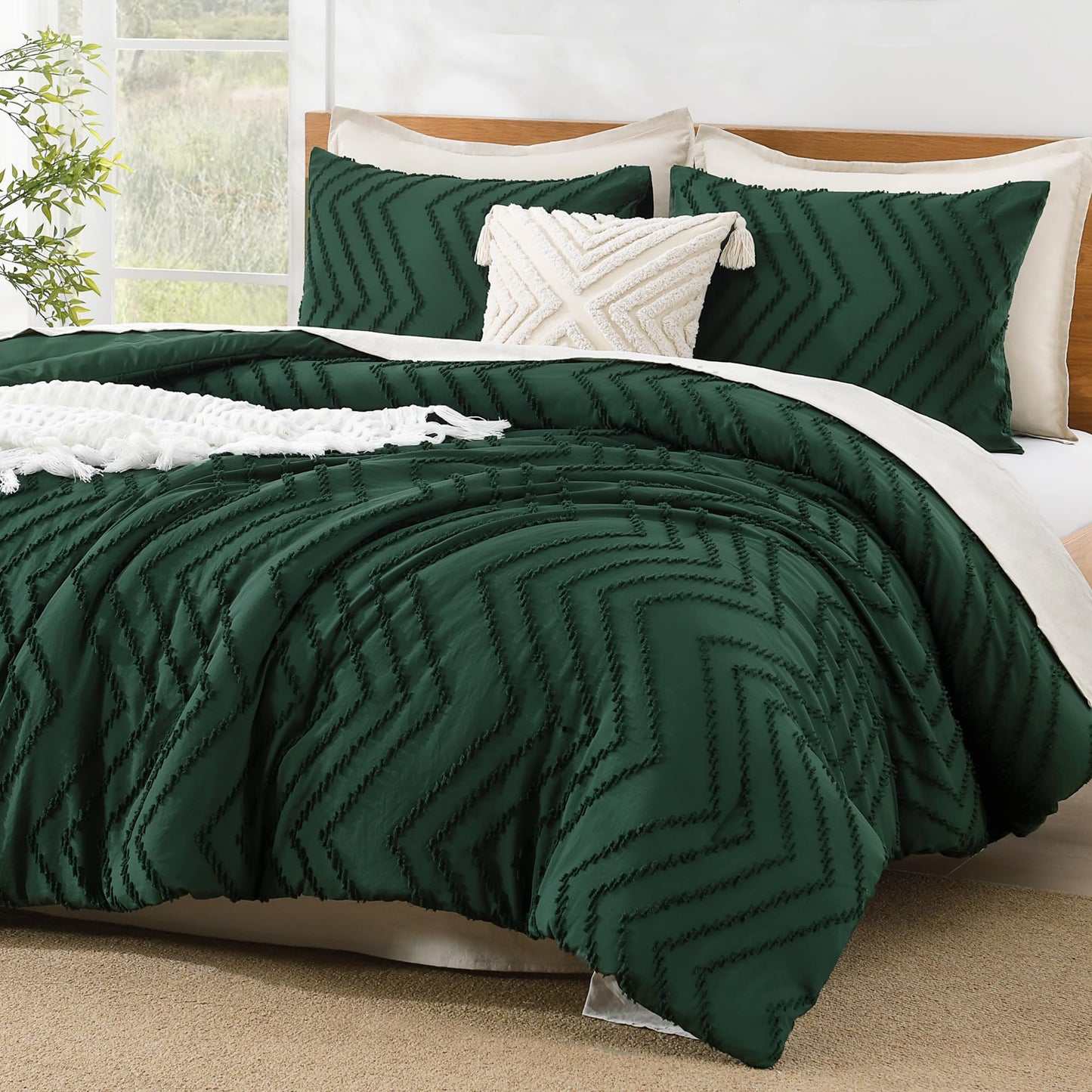 Litanika King Size Comforter Set Dark Emerald Green, 3 Pieces Lightweight Fluffy Comforter King Size Boho Tufted Comforter Bed Set Gift Choice