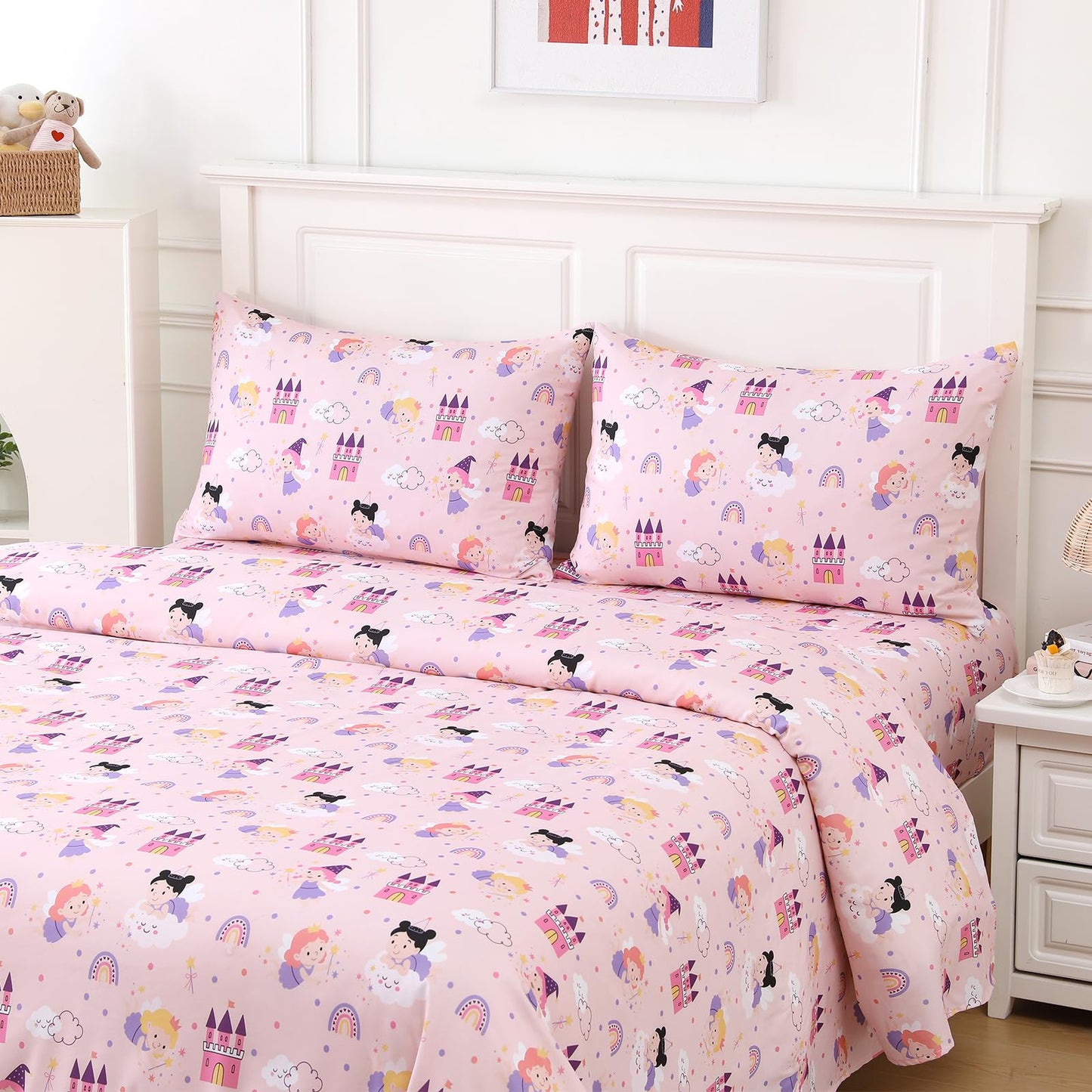MCO Twin Sheets Set Kids, Soft Microfiber Bed Sheet Set for Boy Girls, 3 Pieces Breathable Twin Sheets Pink Fairy Castle