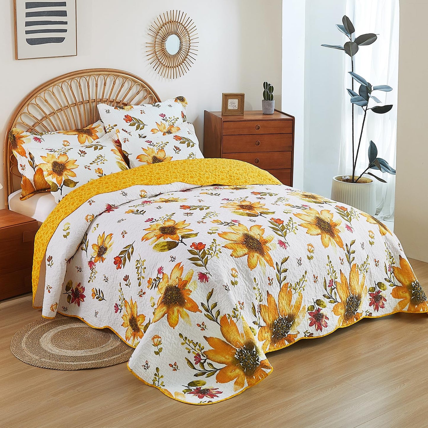Cmfshape Floral Quilt Sets Bedspread Set,100% Cotton Yellow Sunflower Bedding Set,Reversible Lightweight Soft Bedspread Coverlet for All Season with 2 Pillow Shams(Queen 92"x96")