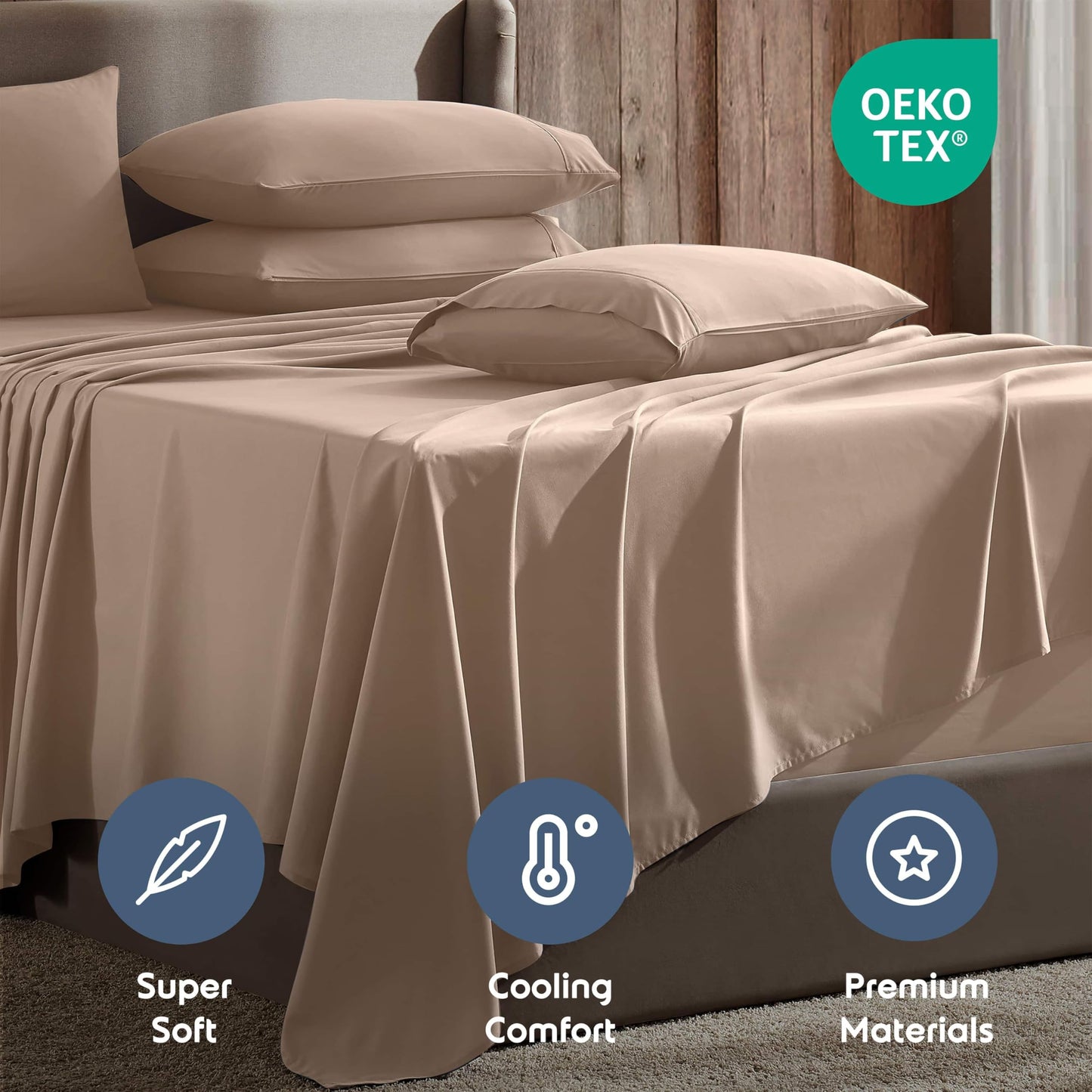 Nestl Extra Deep Queen Sheet Set - 6 Piece Breathable & Cooling Sheets - Hotel Luxury Bedding Set w/18-24 Inch Deep Pockets - Easy & Secure Fit - Super Soft, Wrinkle Free & Comfy - Taupe Sand