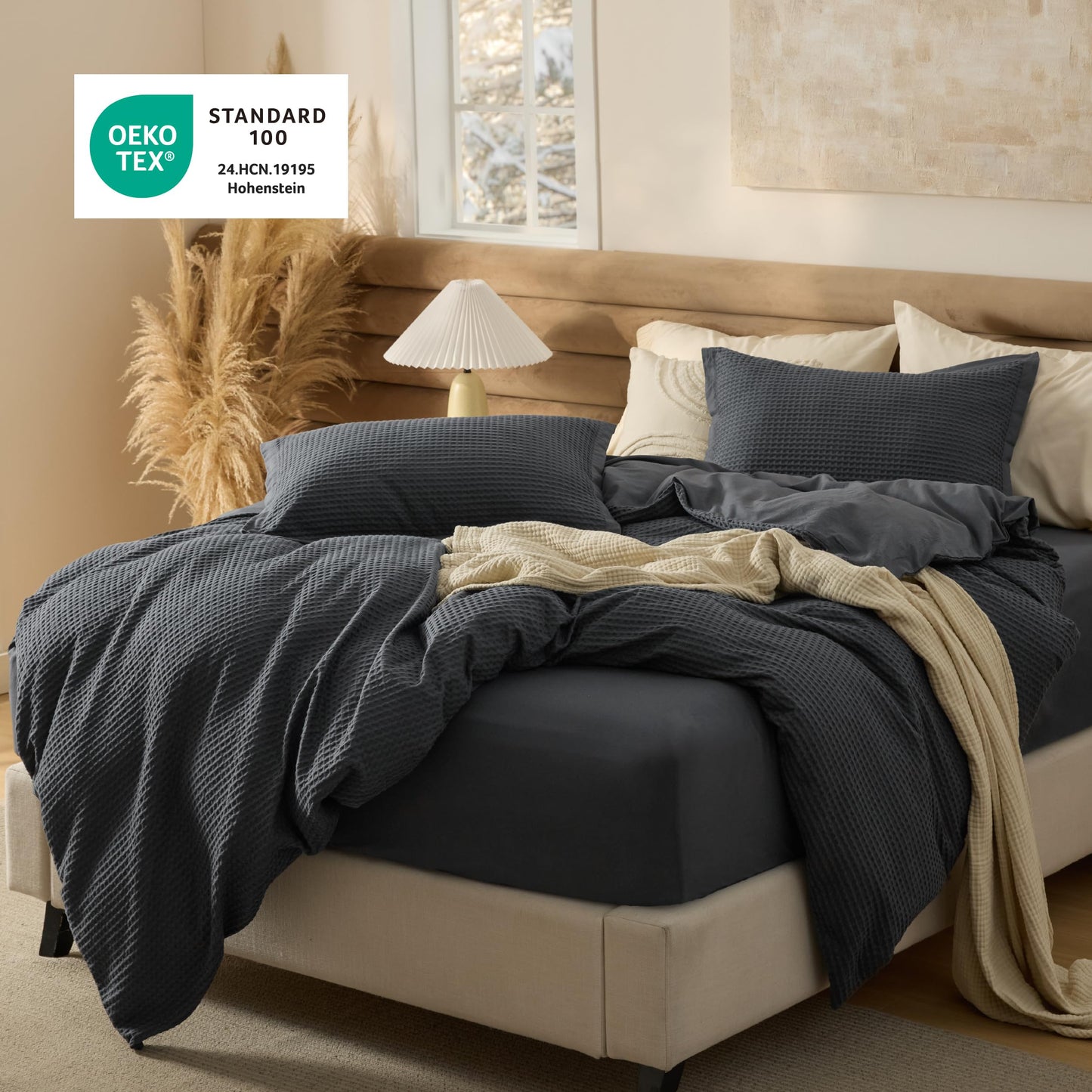 Bedsure 100% Cotton Duvet Cover Queen Size with Fitted Sheet - 4 Pieces Charcoal Waffle Weave Duvet Covers, PureWowen Breathable Bedding Set, 1 Duvet Cover 90x90, 1 Fitted Sheet, 2 Pillow Shams