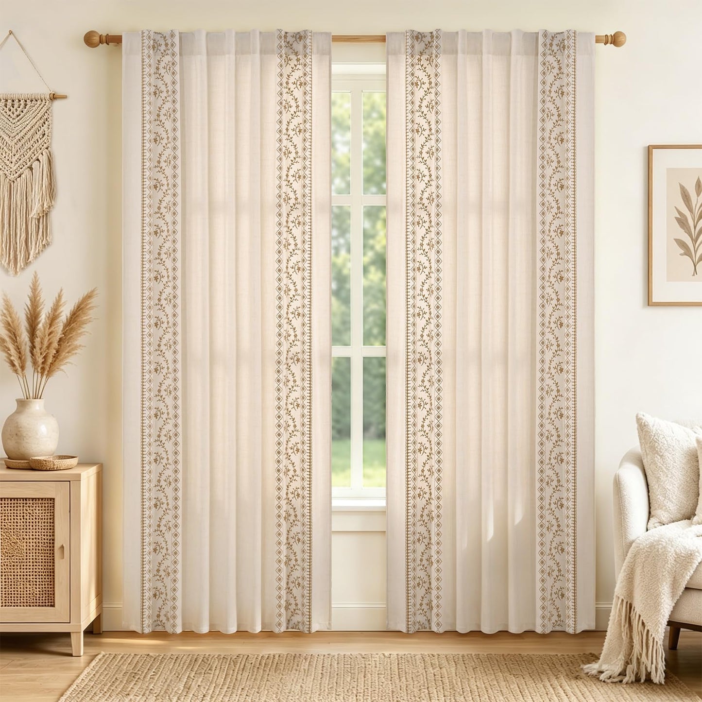 Yinhua Boho Curtains for Living Room 84 Inch Long Brown Embroidered Floral Bedroom Curtains, Farmhouse Light Filtering Window Curtain Rod Pocket & Back Tab Drapes, 52" W x 84" L, 2 Panels
