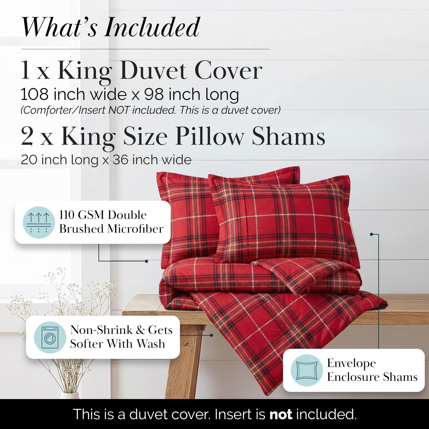 Southshore Fine Living Inc. Duvet Cover King/California King Size Set –Extra Soft Bedding w/ Zipper Closure –King Duvet Cover Set 108"x98", 2 Pillow Shams 20"x36" – Wrinkle Resistant– Vilano Plaid Red