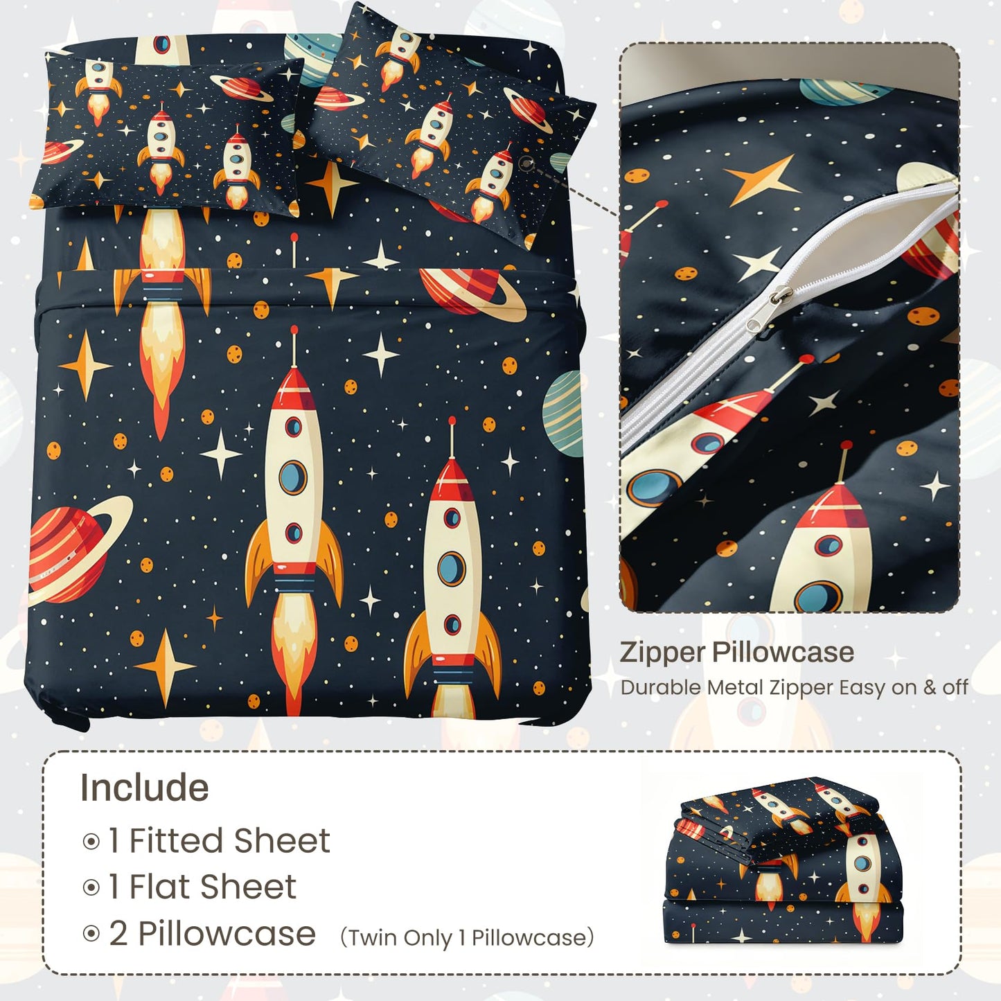 Rocket Twin Sheet Set 3 Pcs Boys Outer Space Bed Sheets, Navy Blue Red