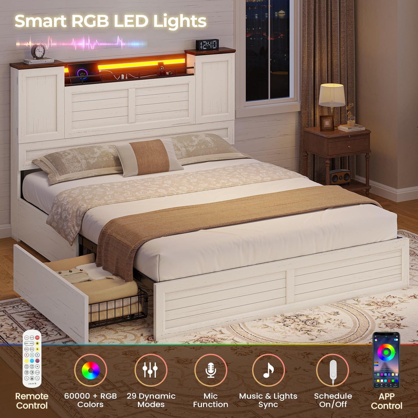 VIAGDO Full Bed Frame with Headboard and Storage Cabinets, Farmhouse Bed Frame Full Size with Charging Station and LED Lights, Wooden Platform Bed Frame with 4 Drawers, No Box Spring Needed, White