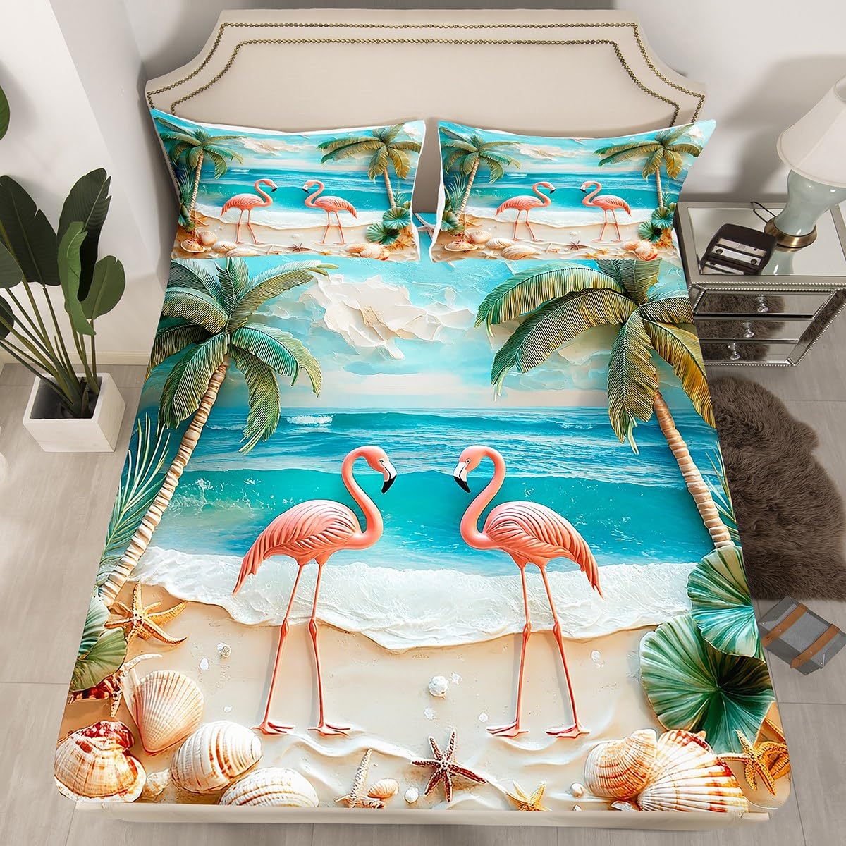 jejeloiu Hawaiian Beach Fitted Sheet Full Size Kids Palm Leaf Tropical Flamingo Bed Sheets Set for Boys Girls Teens Summer Sea Ocean Wave Starfish Seashell Conch Bedding Set Room Decor