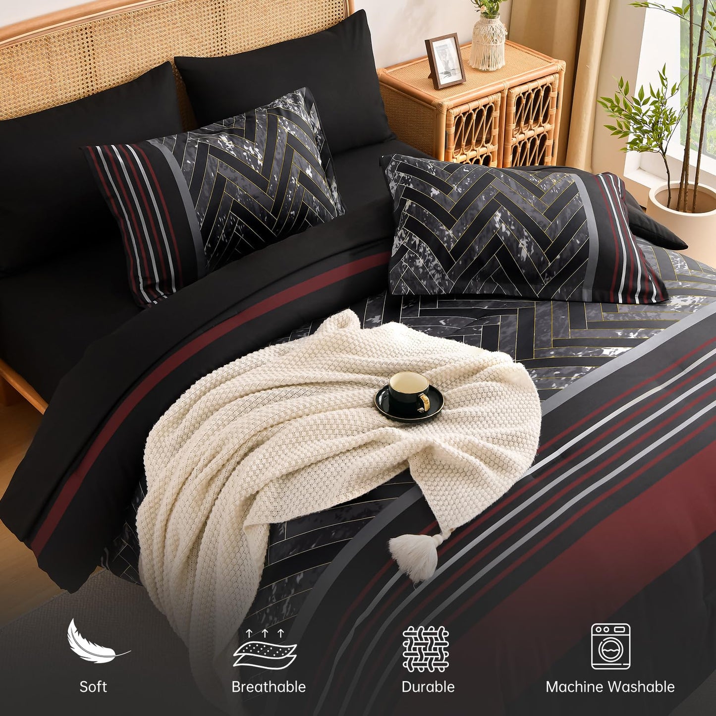 Luxudecor Black and Red Comforter Set Queen Size, 7 Pieces Stripe Geometric Bed in a Bag, Marble Comforter and Sheet Set, Soft Microfiber Complete Bedding Sets for All Seasons
