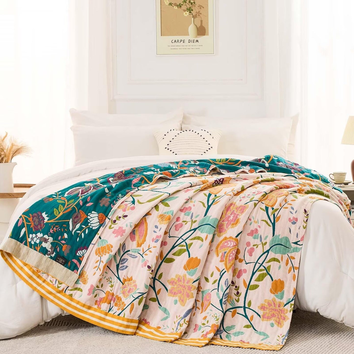 XIBLC Boho Throw Blanket for Bed, 100% Cotton Soft Rustic Quilt Fall Blanket, 60"x80" Floral Printed Farmhouse Decor Bed Blankets, All Season Rustic Reversible Bohemian Throw Quilt