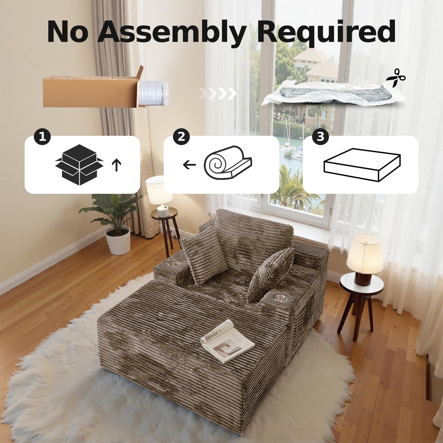 CHORRO 66" Chaise Lounge Chair Indoor,Oversized Boneless Single Sleeeper Couch Bed,Corduroy Cloud Sofa with 3 Soft Pillows for Livingroom,Bedroom,No Assembly,(Khaki)