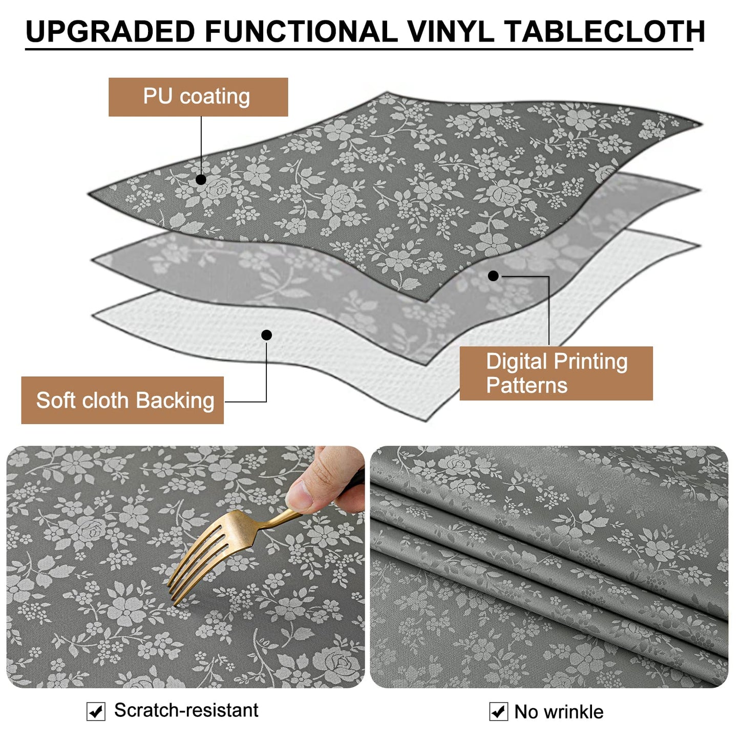 Smiry Rectangle Table Cloth, Waterproof Heavy Duty Vinyl Tablecloths, Wipeable Washable Table Cover for Kitchen and Dining Room (Grey, 60" X 140")