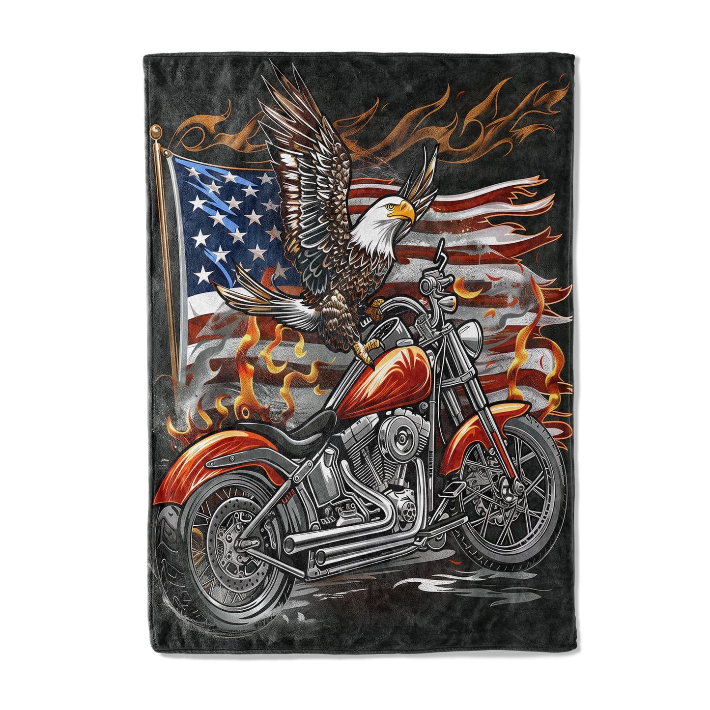 Eagle & American Flag Motorcycle Plush Flannel Throw Blanket - Soft, Warm, Comfy, Lightweight, Anti-Pilling, Fuzzy Cover for Couch, Bed, Travel - Unisex Design 60×50in