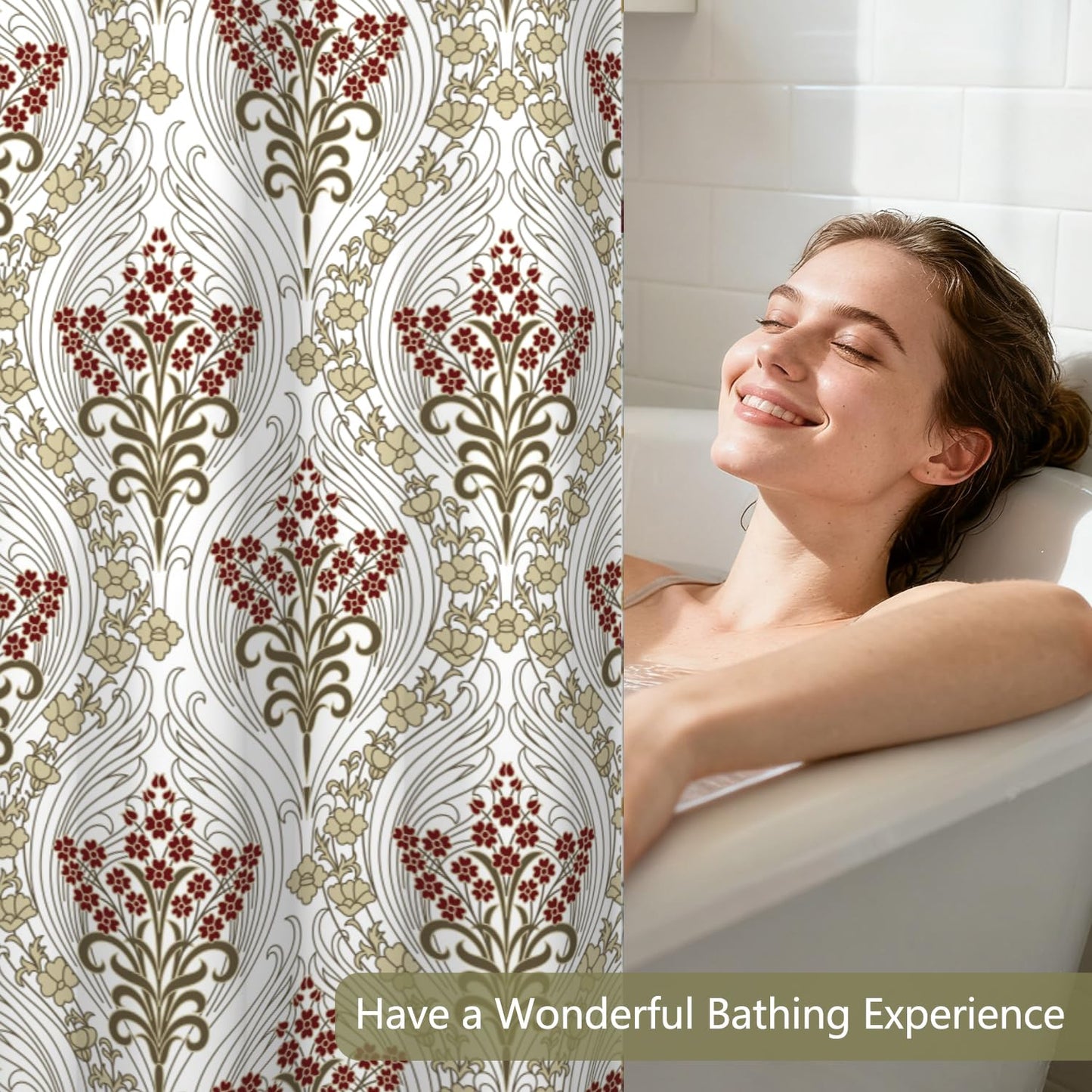 No Hook Vintage Boho Floral Shower Curtain with Liner, Modern Aesthetic Waterproof Machine Washable Fabric Shower Curtain, Red Flower Botanical Bathroom Curtains with Top Sheer Window, 71x74 Inch