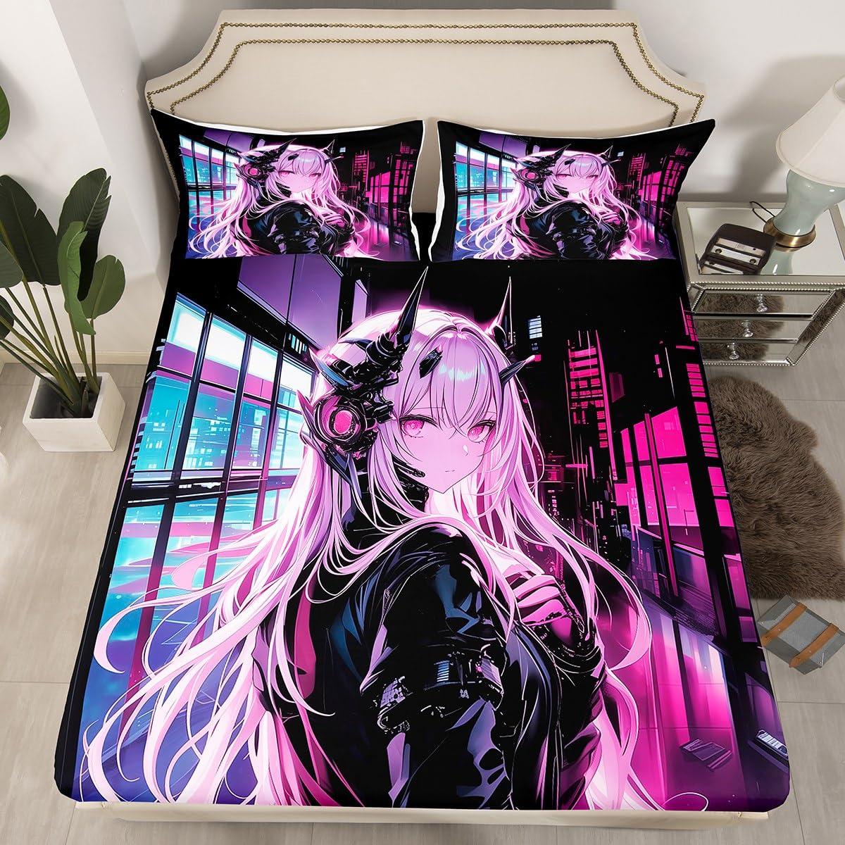 Erosebridal Japanese Anime Fitted Sheet Queen Size, Anime Girl Bedding Set Kawaii Japanese Style Bedding Set Cartoon Japan Animation Bed Set for Boys Teens Adult Women Bedroom Decor