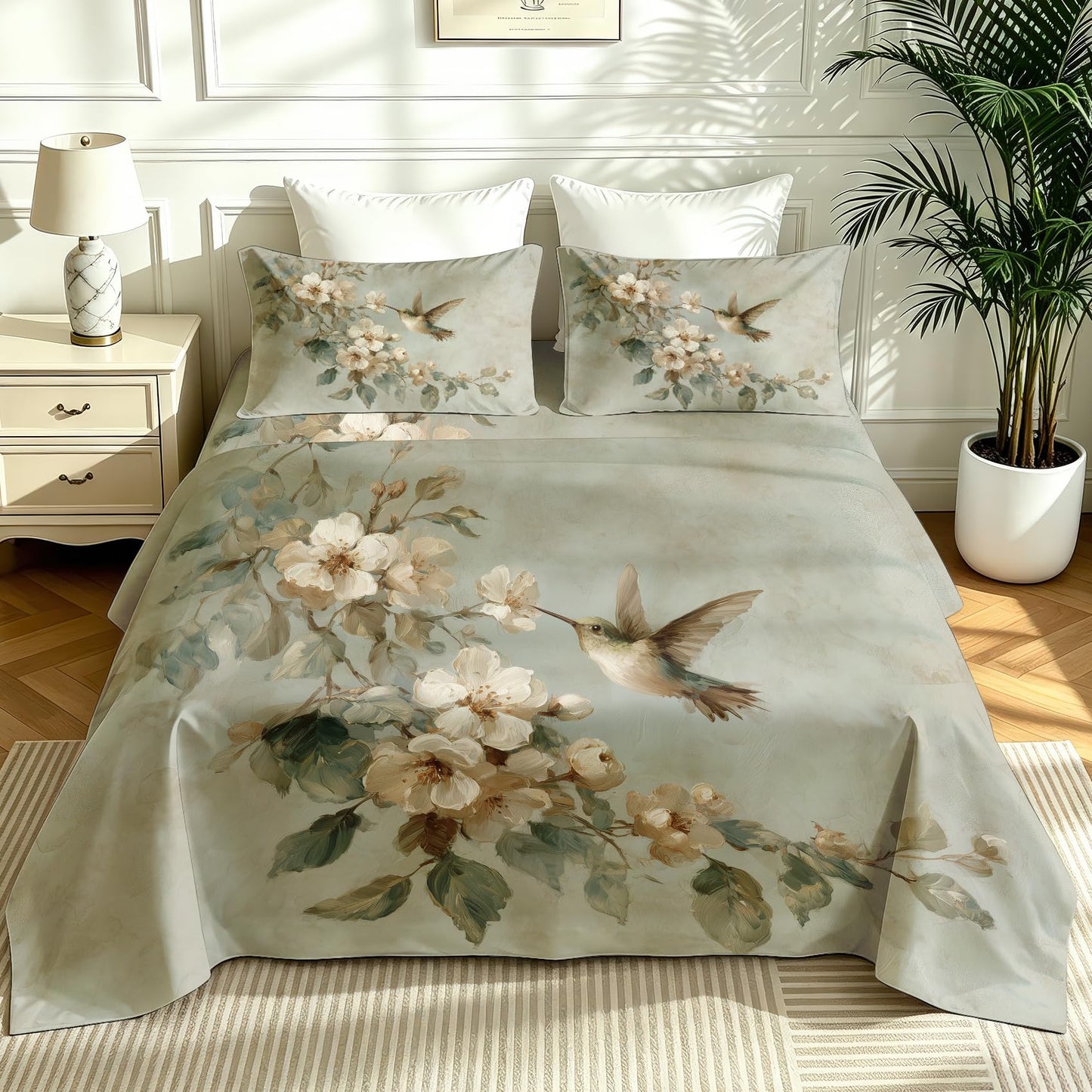 Bird and Flower Bedding Set 4 Pcs Hummingbird Full Sheets