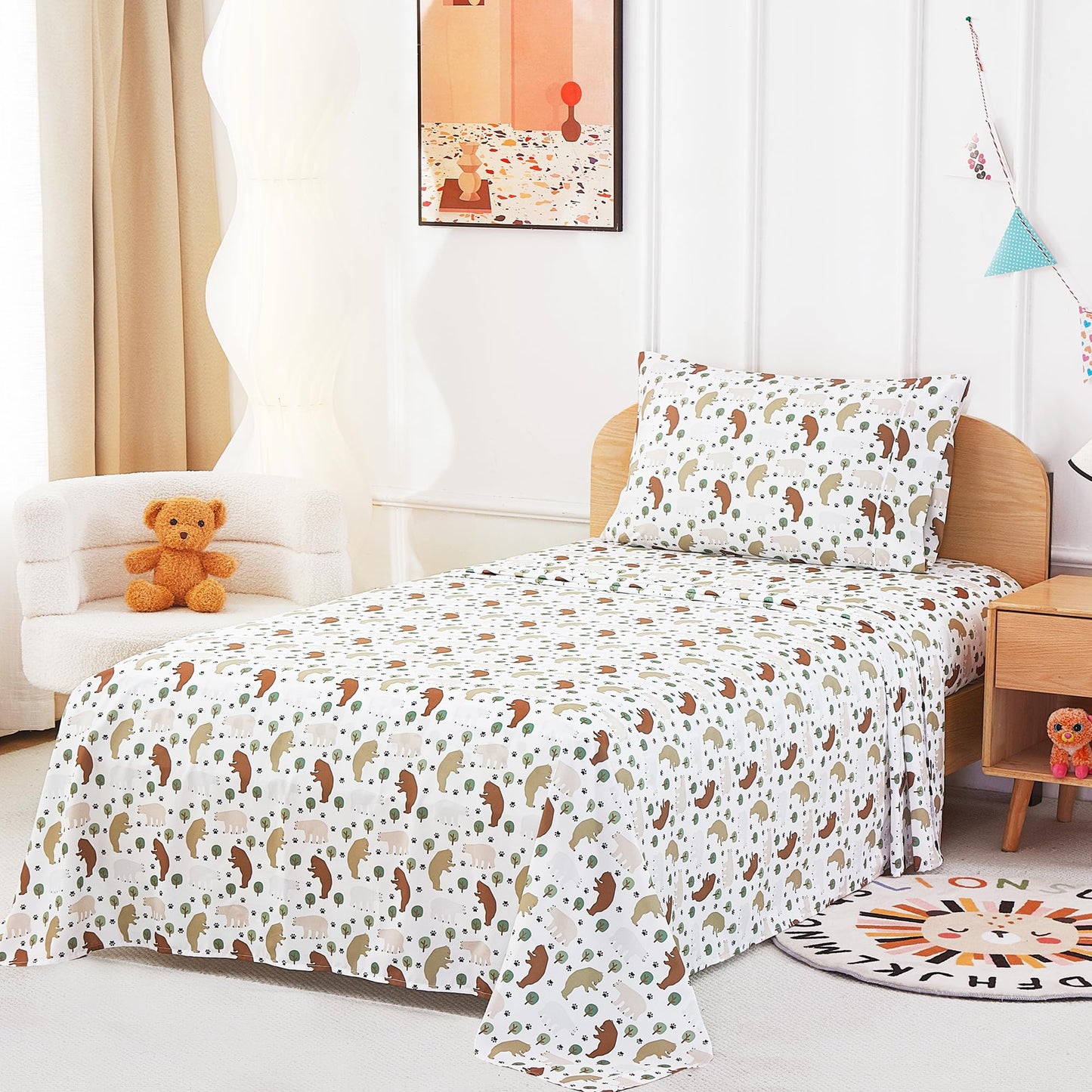 lasoftan Kids Sheet Set Twin Size, Twin Sheet Set with Forest Bear Pattern，Breathable Silky Soft Microfiber Kids Fitted Sheet