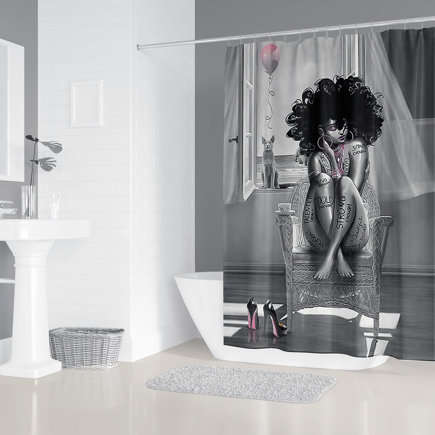 TYAKASHA African American Woman Shower Curtain Waterproof Polyester Fabric Shower Curtain for Bathroom Grey Bathroom Curtain Machine Washable Quick Dry 72 x 72 Inches with 12 Hooks