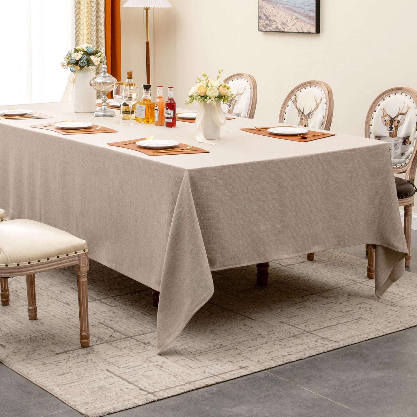 WAITER TREE Table Cloth Rectangle Table Cover 156x90 Inches Faux Linen Wrinkle Free Waterproof Beige Camping Graduation Rectangle Indoor Outdoor Tablecloth for Party