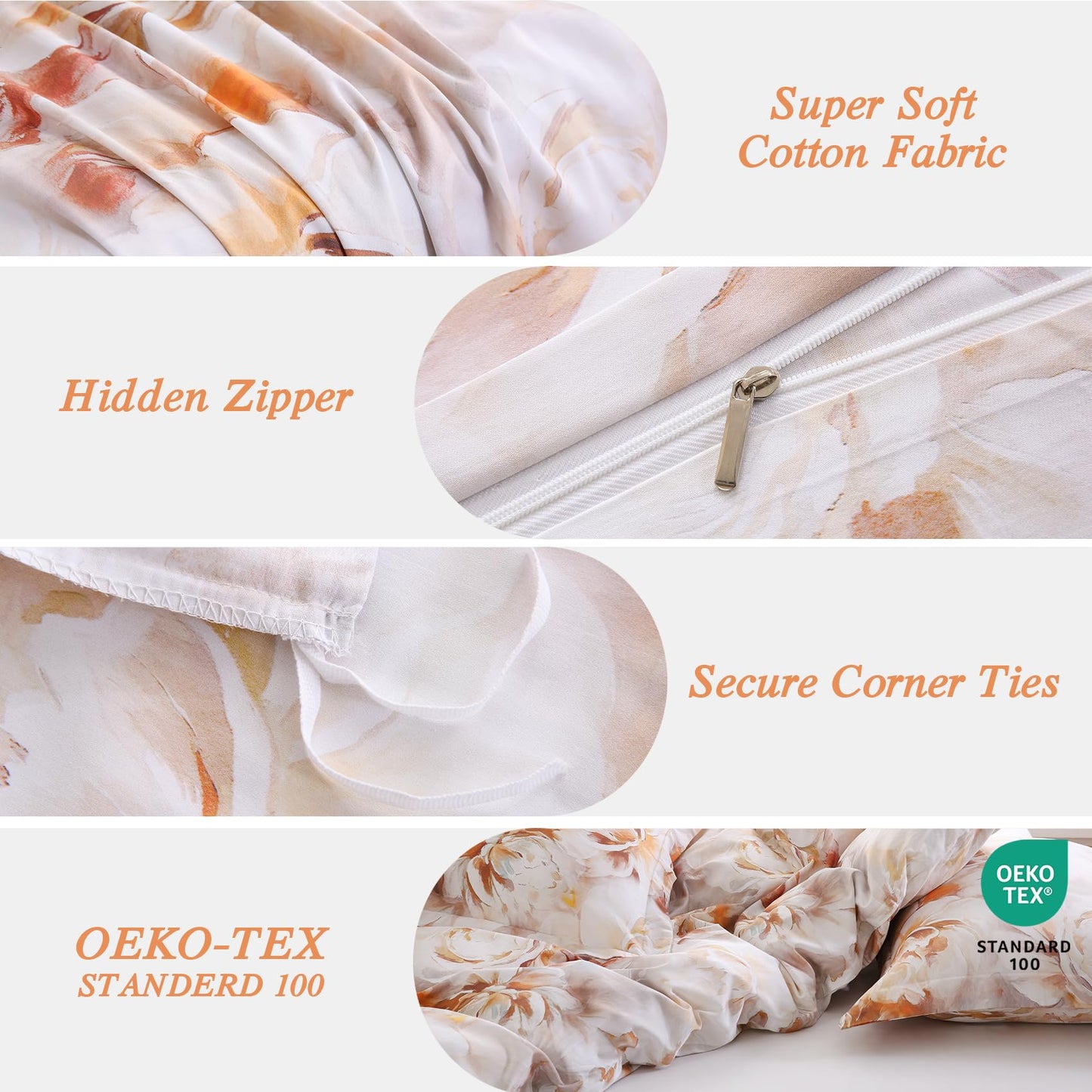 Ocharo 100% Cotton Duvet Cover King Size, Floral Reversible Duvet Cover Set with Zipper Closure, Soft 3 Pieces Bedding Set with 2 Pillow Shams(20"x36")