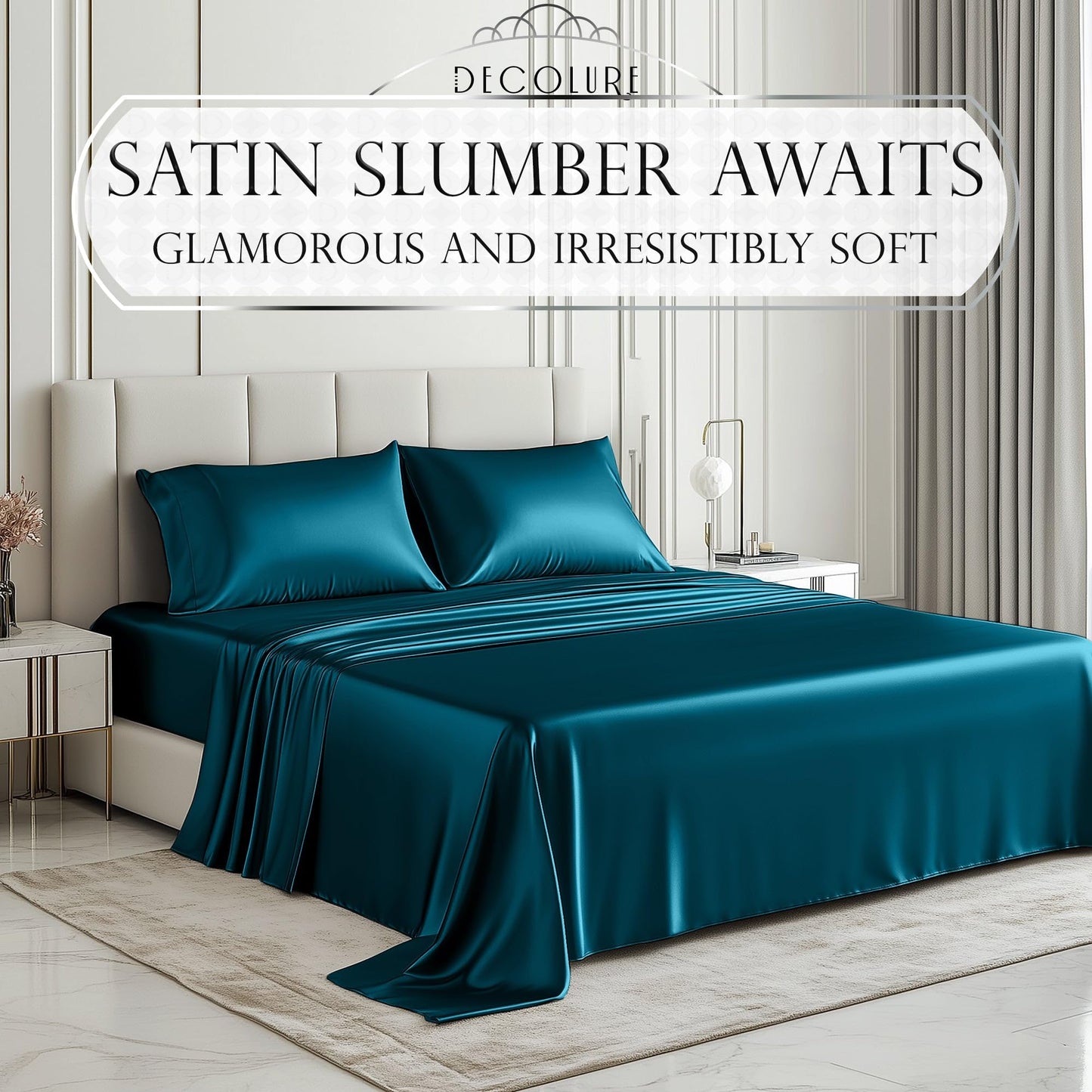 DECOLURE Satin Bed Sheets - 4 Piece Luxury Silky Queen Size Bedding Set - Softer Than Silk, Wrinkle-Free with 15” Deep Pocket Fitted Sheet, Perfect for Hair & Skin, Gifts for Women (Sea Teal)