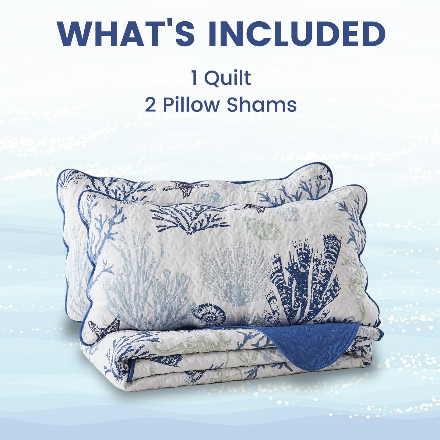 Qucover Coastal Quilt Sets King Size 106x98in, Reversible Microfiber Quilts with 2 Shams Soft Lightweight Beach Bedding Bedspread Coverlet Summer Comforter Set for All Season, Navy Blue