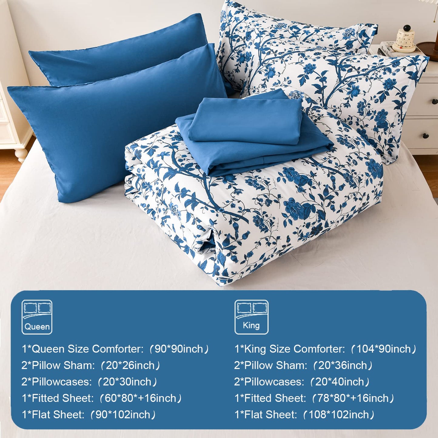 LLDSYW Comforter Set for Queen Bed -7 Pieces Bed in a Bag Soft Microfiber Bed Set Blue Leaves Floral Pattern on White Spring Queen Comforter Sets with Sheets for All Seasons (Queen, Blue)