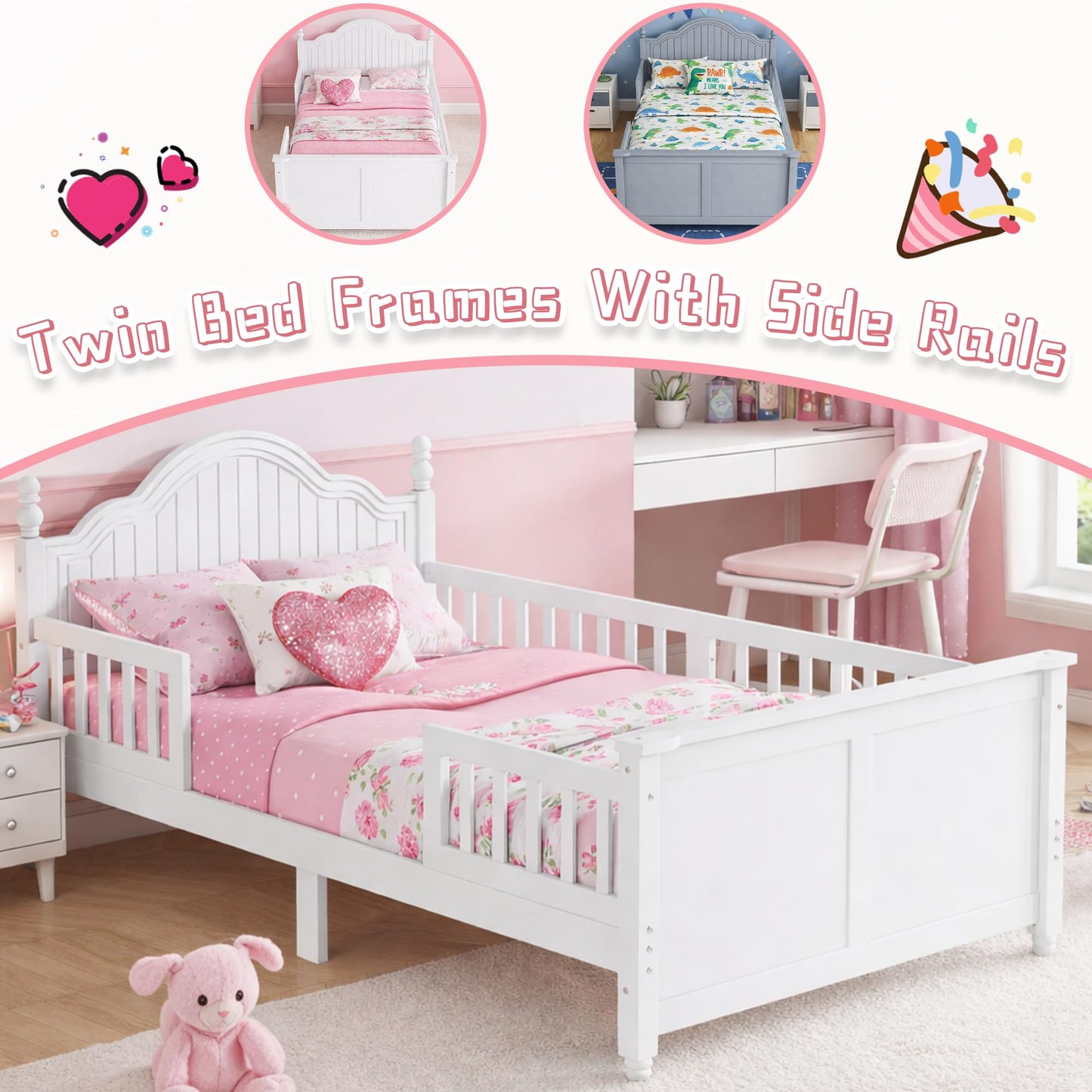 OYUMOENTS Twin Bed with Rails, Low Profile Twin Bed Frame with Rails & Headboard, Wood Kids Platform Beds with Footboard for Boys & Gilrs, No Spring Box Required, No Squeaks, White