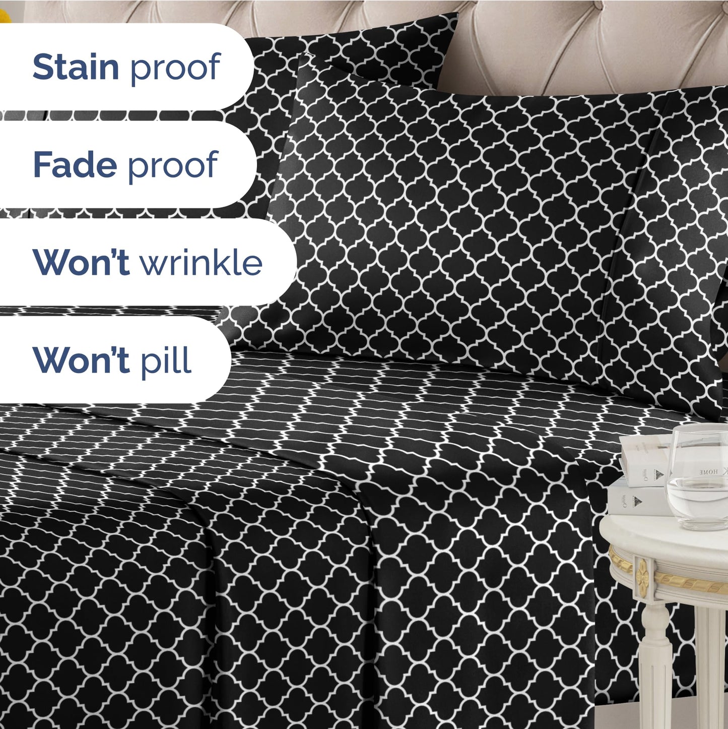 Black Geometric Bed Sheets - 1 Flat & 1 Fitted Sheet & 2 Pillowcases w/ Deep Pockets – Wrinkle & Fade Free- Ultra-Soft, Breathable and Cooling - Luxury Moroccan Bed Set – King Size - Black Quatrefoil