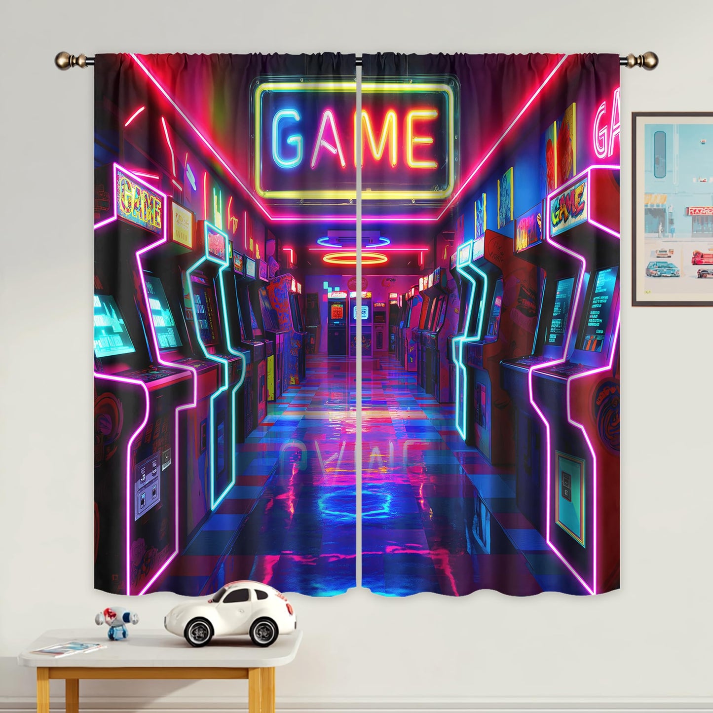 LIGHTINHOME Neon Arcade Game Curtains 42Wx63H Inch Retro Gamer Video Arcade Gaming Cool 80s 90s Window Curtains for Boys Bedroom Kids 2 Panels Rod Pocket Living Room Window Drapes Treatment Fabric