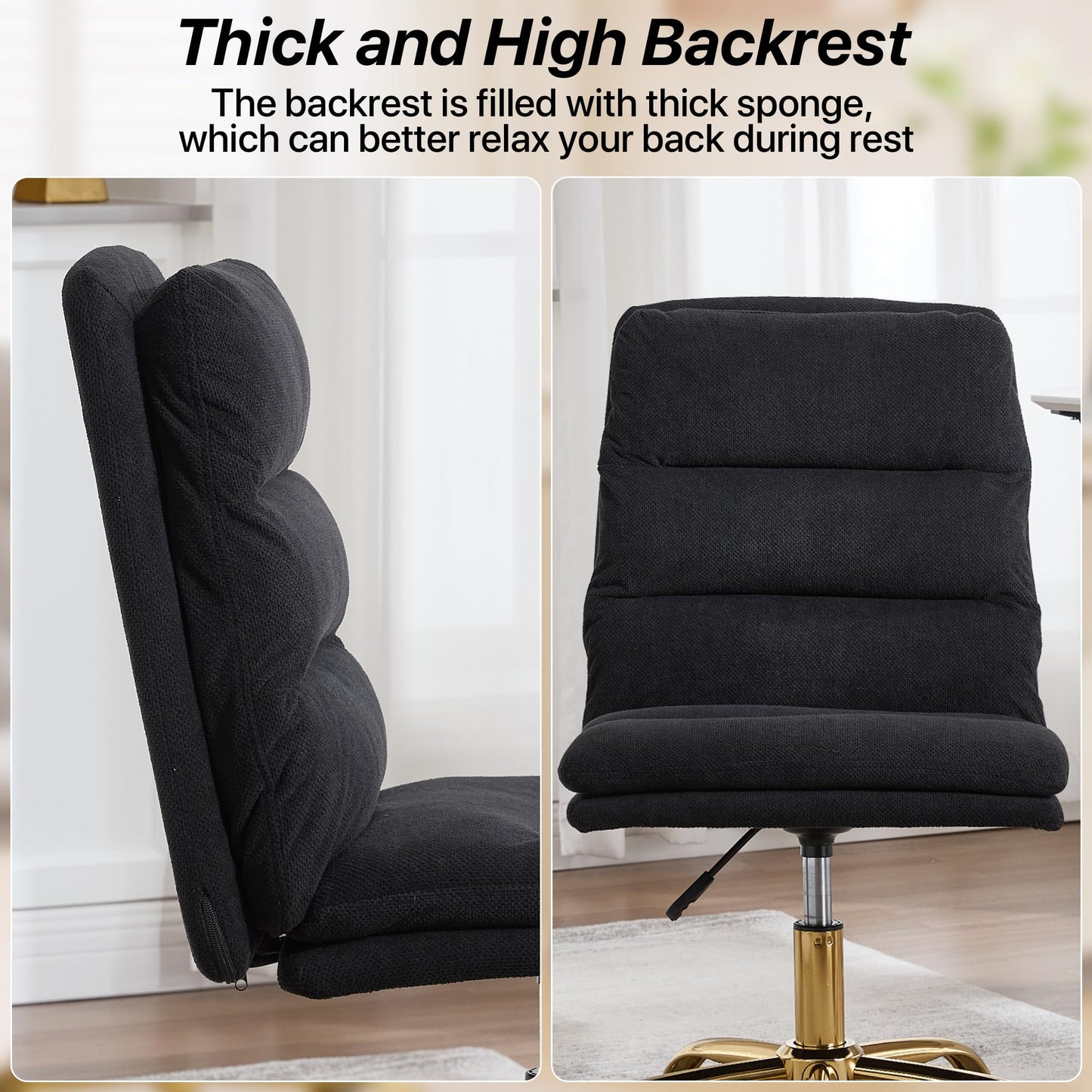 Gentlemoods Fabric Armless Home Office Chair, Modern Ergonomic Desk Chair High-Back Vanity Chair with Wheels, Height Adjustable Swivel Task Chair with Comfy Seat for Bedroom/Vanity/Desk(Black)