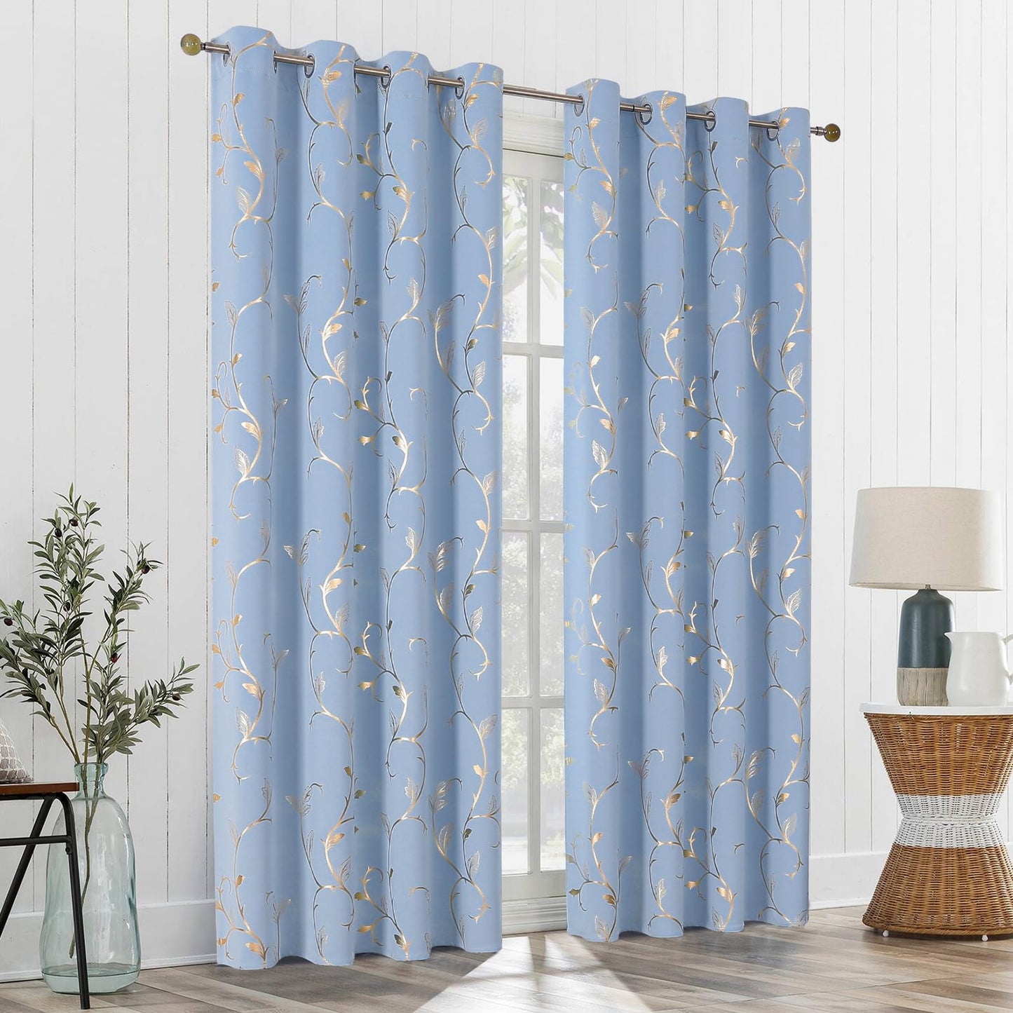 BUHUA Blackout Curtains Gold Foil Print Flower Vine Grommet Drapes, Room Darkening Thermal Insulated Curtains, Noise Reducing Blackout Curtain for Bedroom, Blue, 52Wx84L, 2 Panels