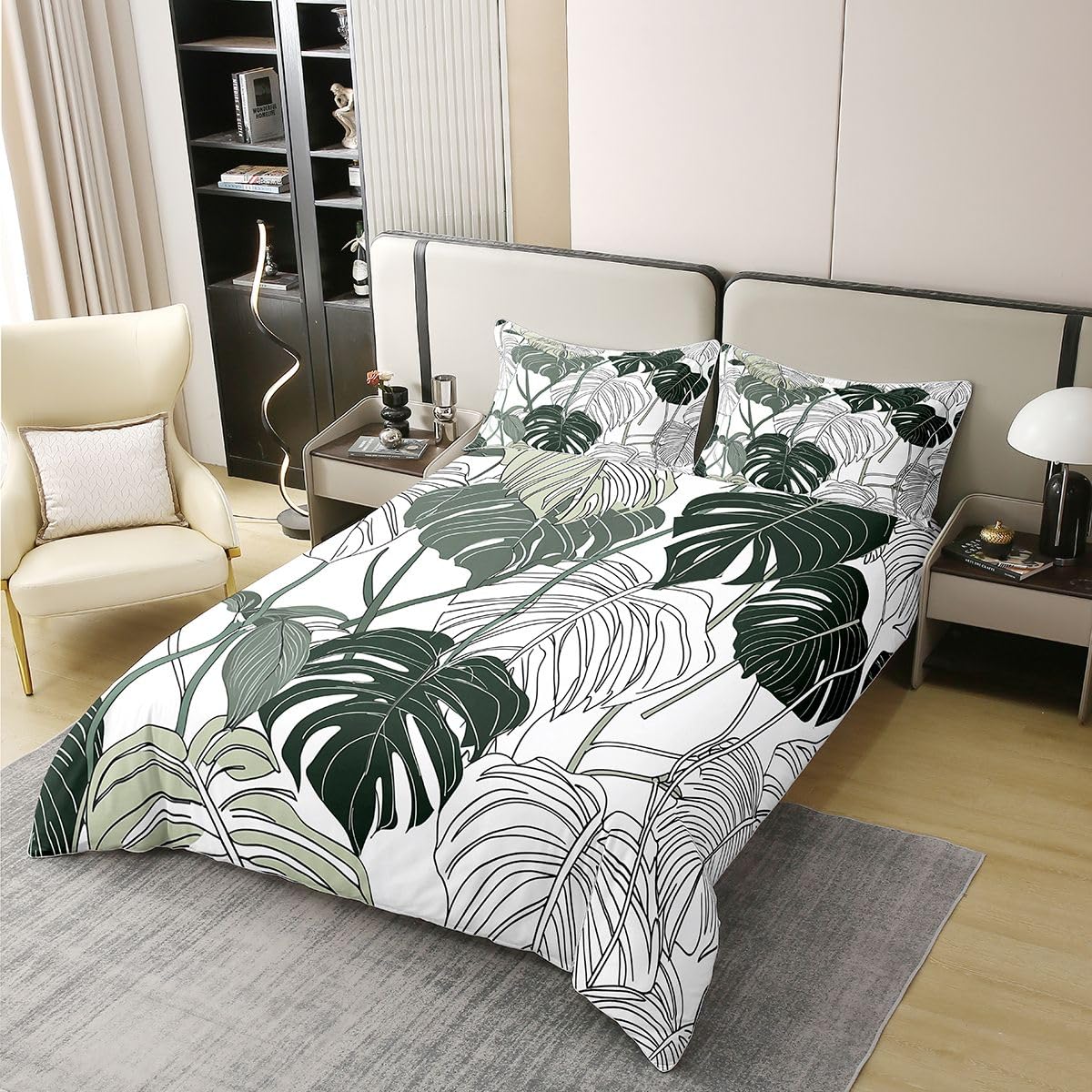 100% Natural Cotton Palm Leaf Bedding Set Monstera Duvet Cover Tropical Leaves Branch Comforter Cover Hawaiian Hippie Botanical Bedspread Cover for Kids Adult, Decor 2Pcs Twin Size, Soft Microfiber