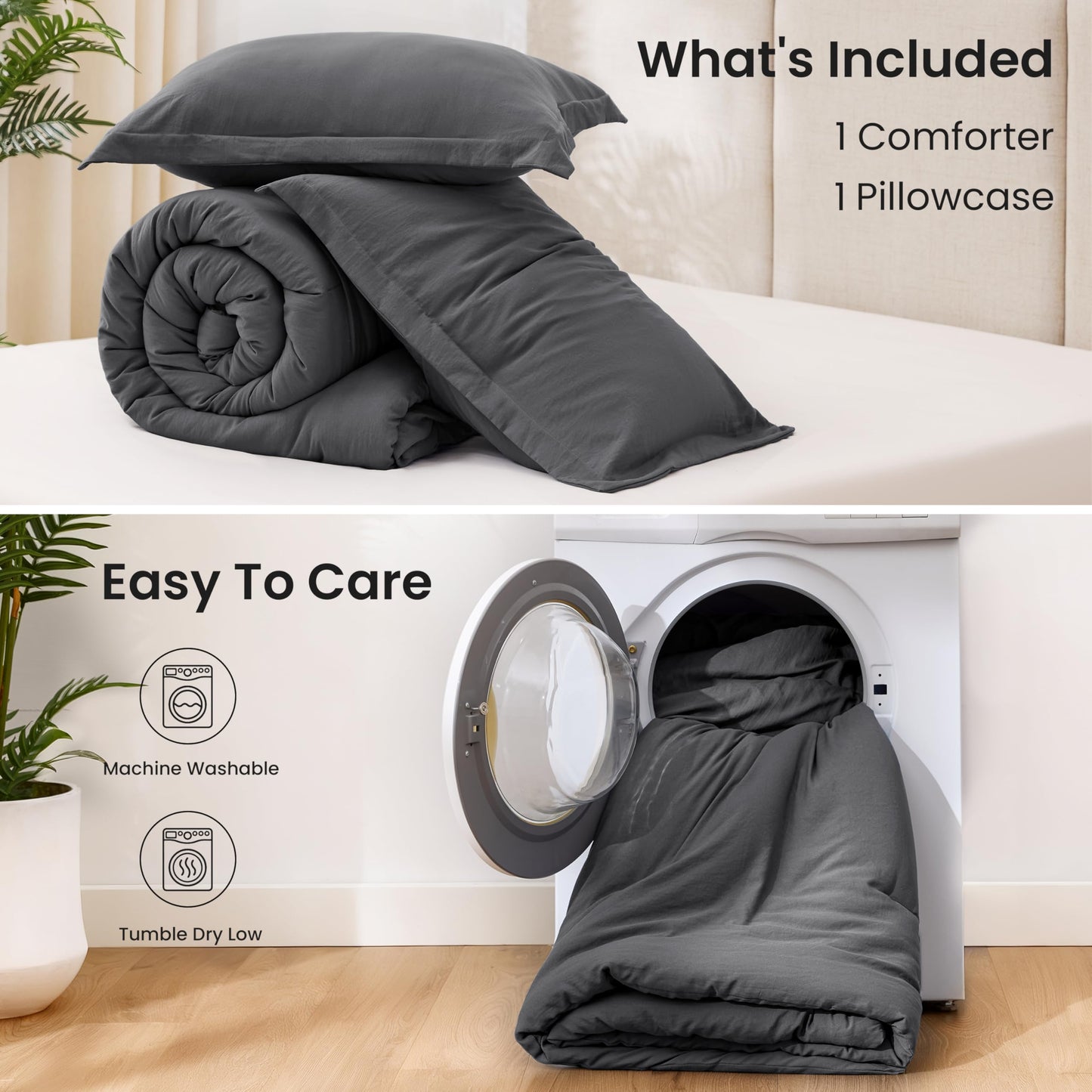 Love's cabin Dark Grey Twin/Twin XL Comforter Set, 2-Piece Prewashed Bed Set with 1 Comforter (66 x 90 in) & 1 Pillowcase, Lightweight & Breathable for All Seasons