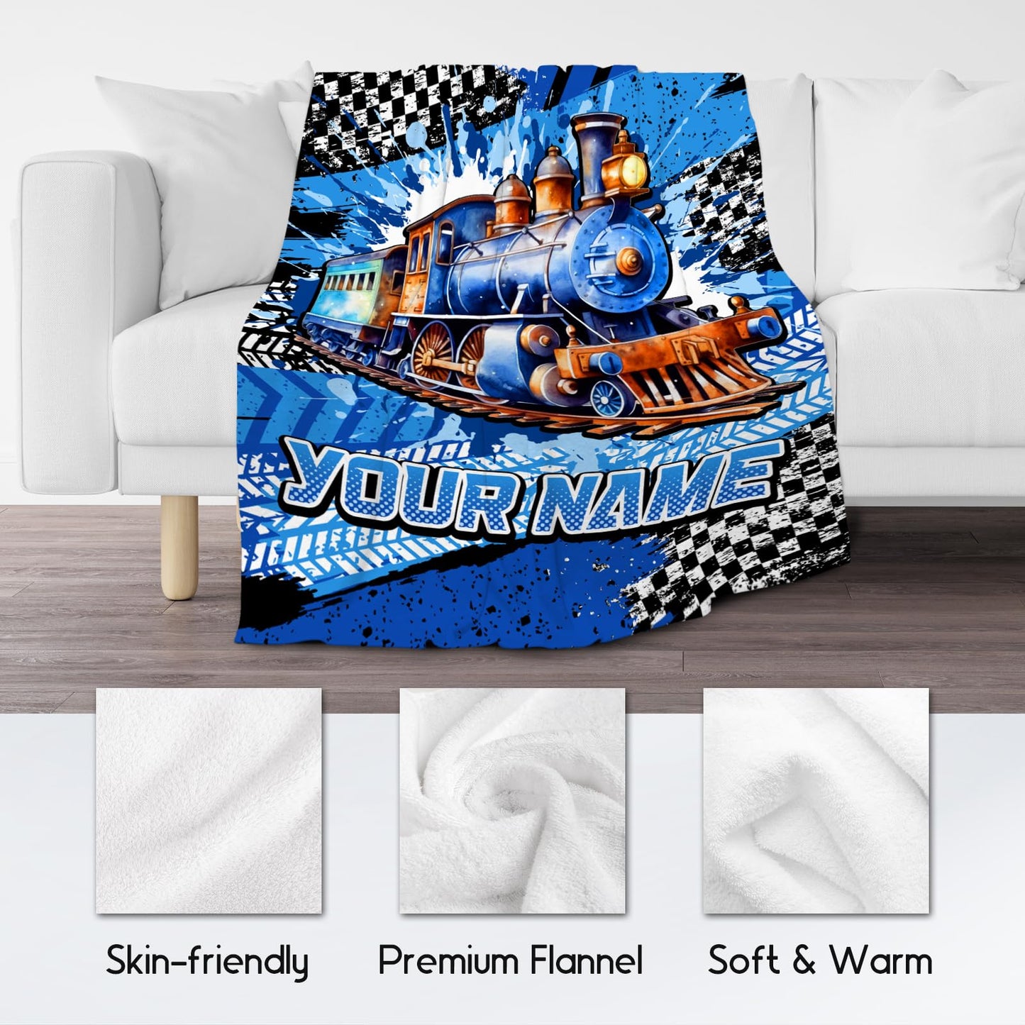 AIOMXZZ Personalized Blanket for Kids, Train Blanket for Boys Toddler, Custom Gifts for Son, Cool Fleece Throws, 4 Size