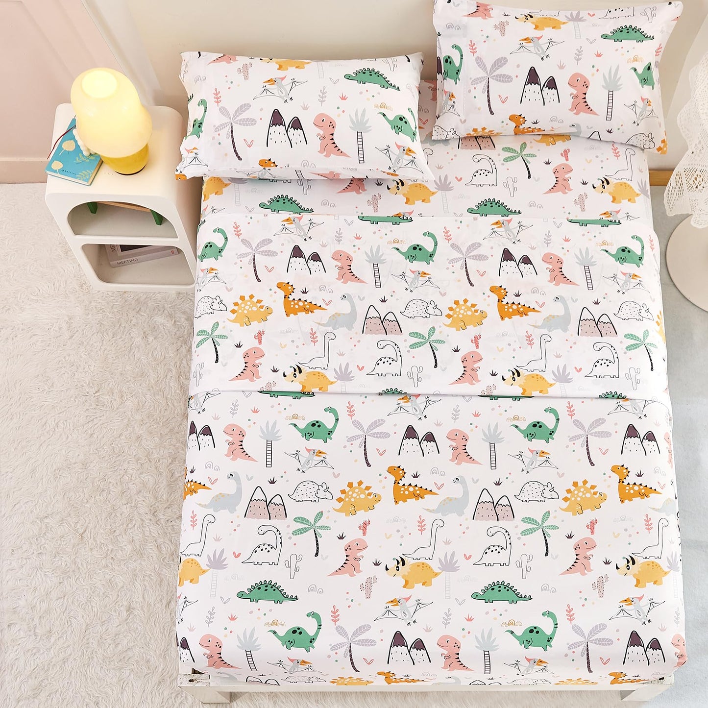 Yibeizi Dinosaur Full Size Sheet Set for Boys, Kids Cute Bedsheet Dino Microfiber Deep Pocket Bedding Sheets & Pillowcases 4 Pieces